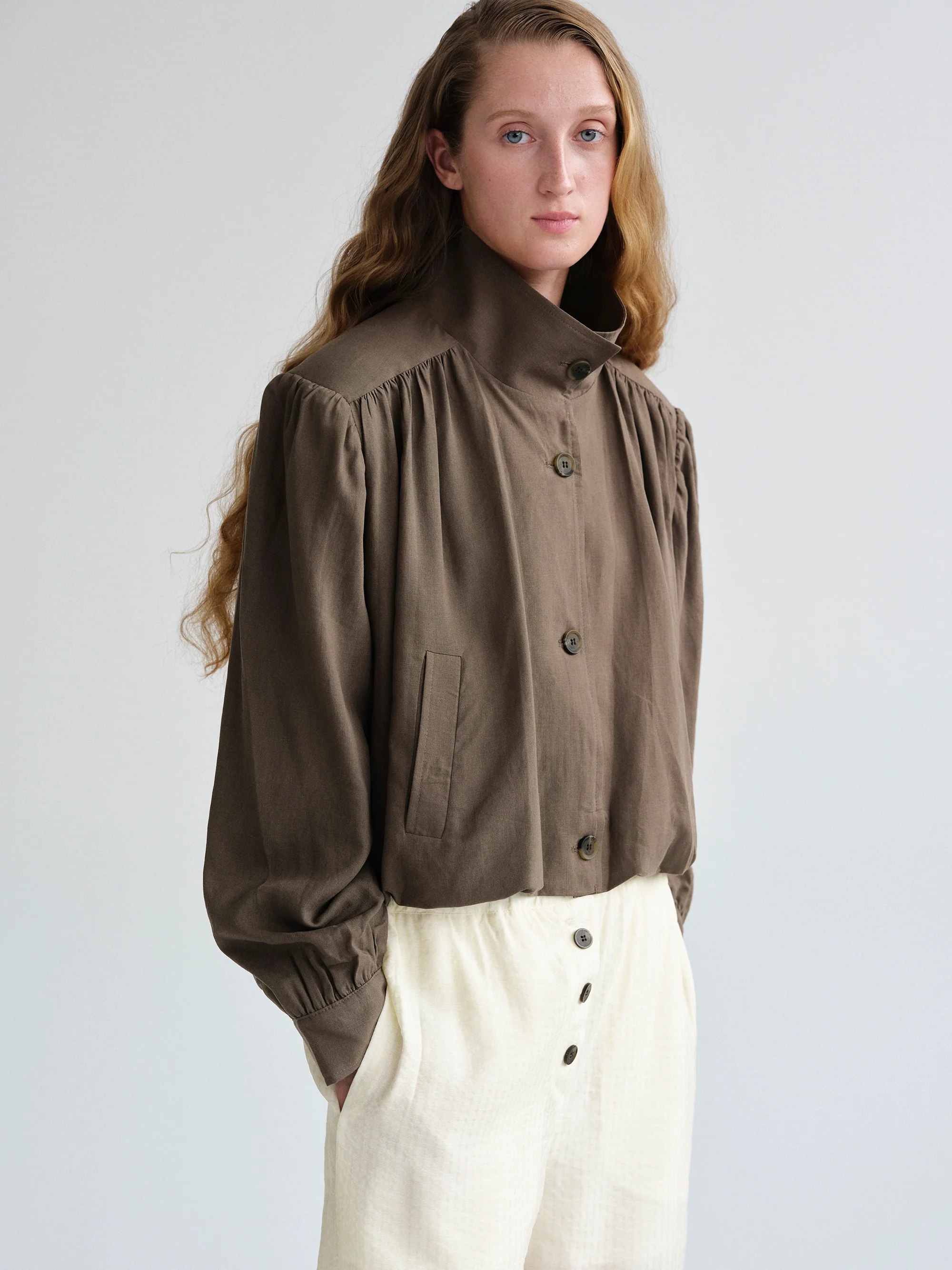 Ruched Linen Bomber, Brown