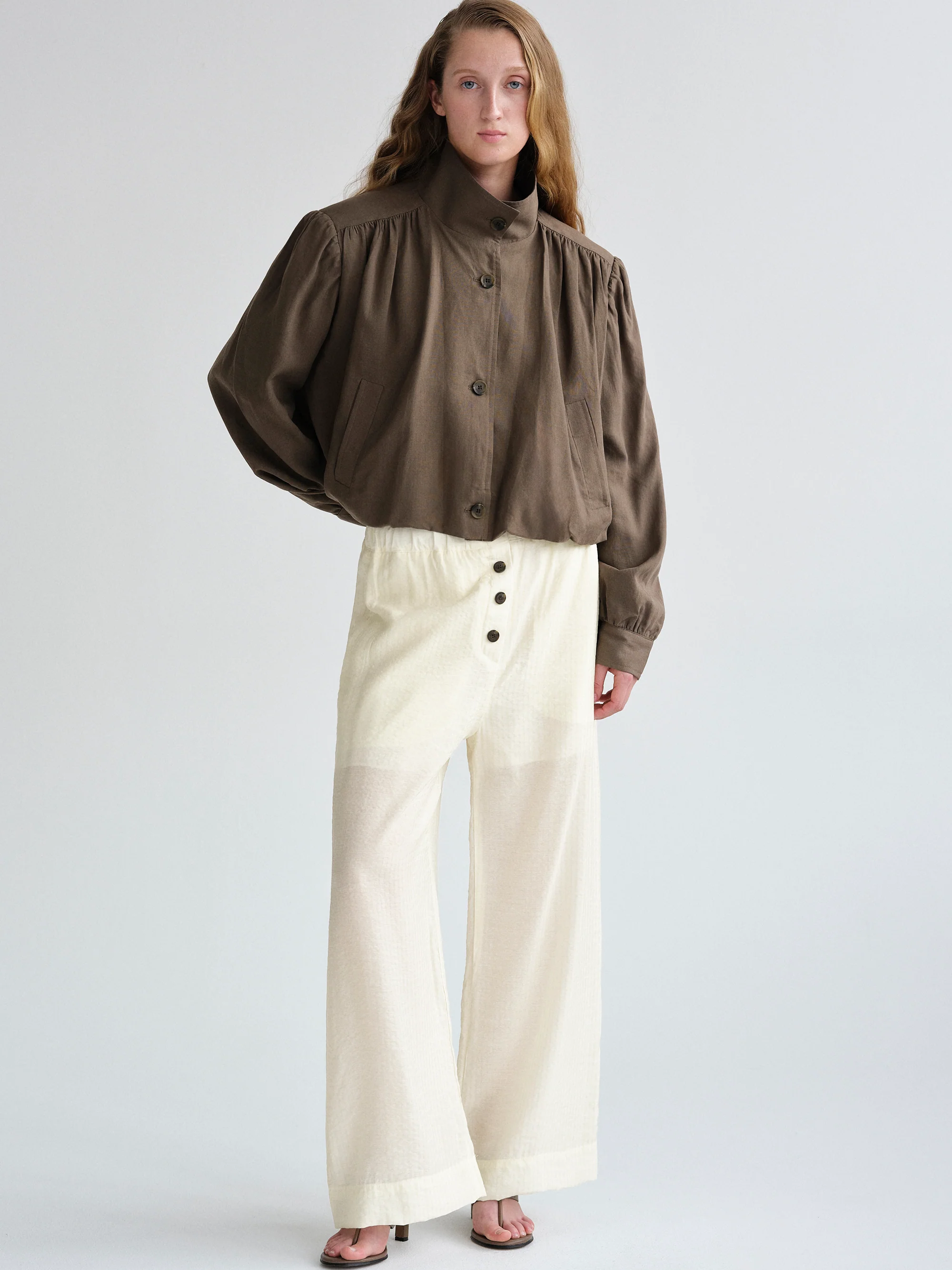 Ruched Linen Bomber, Brown - Image 2