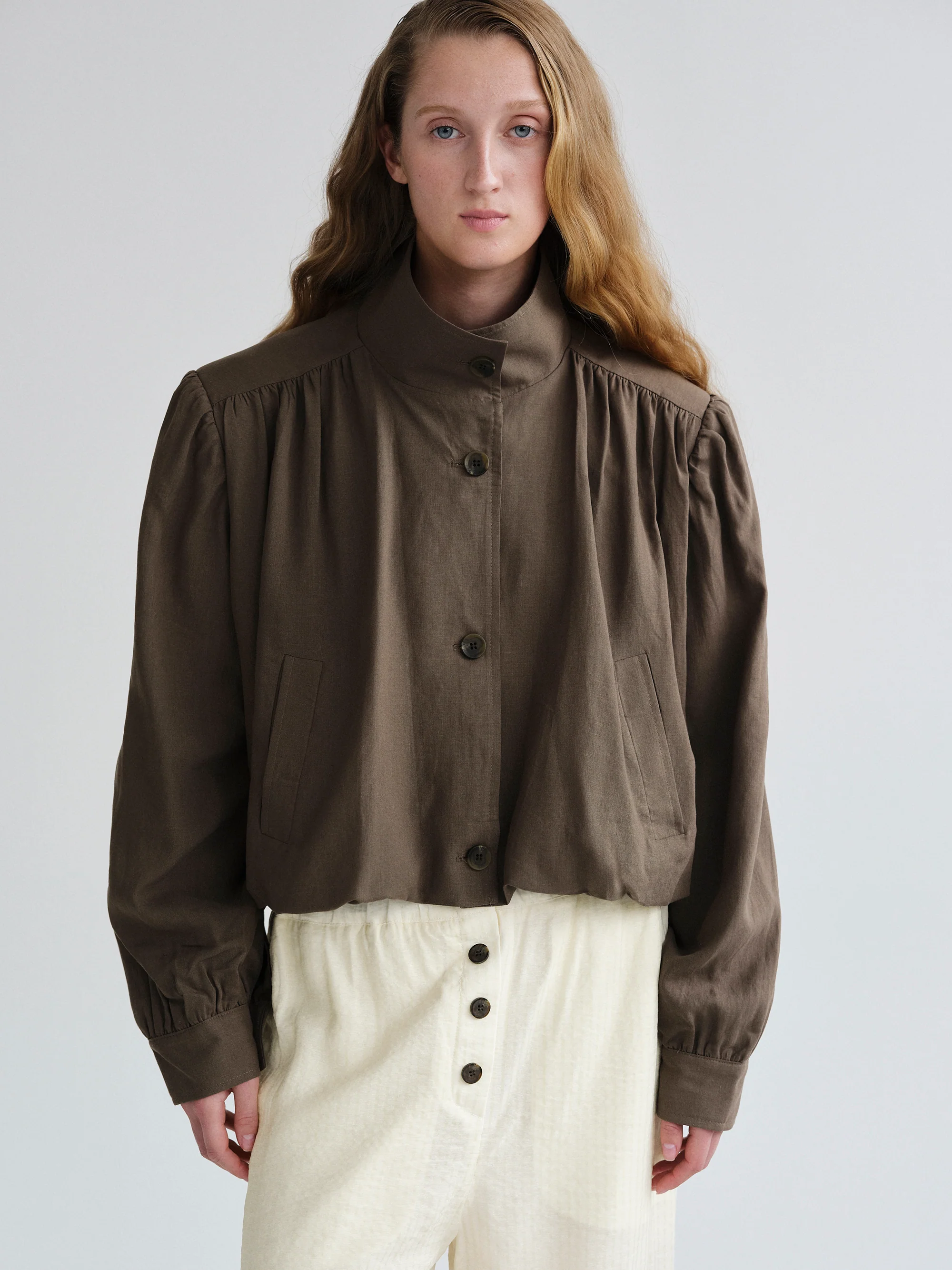 Ruched Linen Bomber, Brown - Image 3