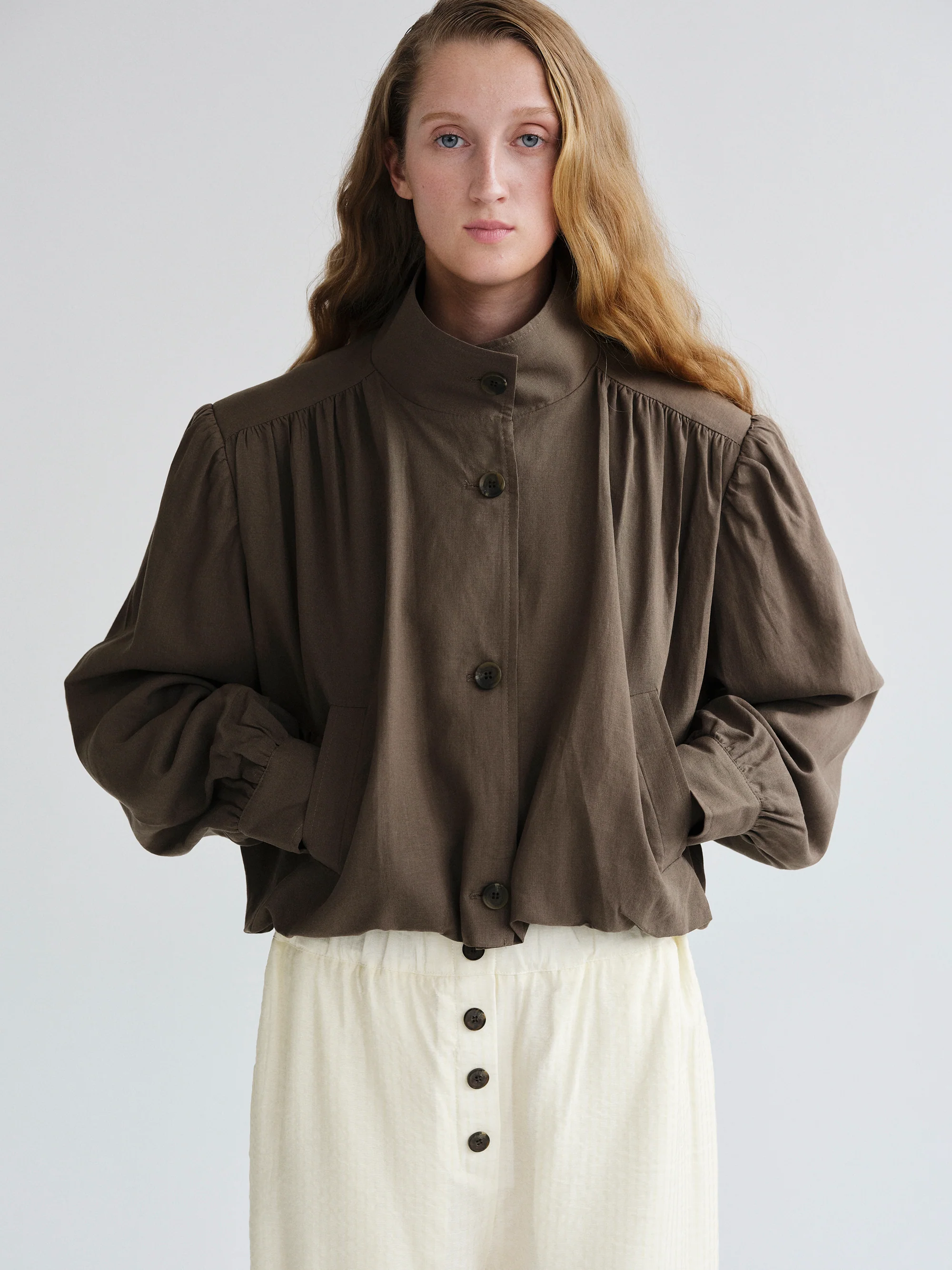 Ruched Linen Bomber, Brown - Image 4