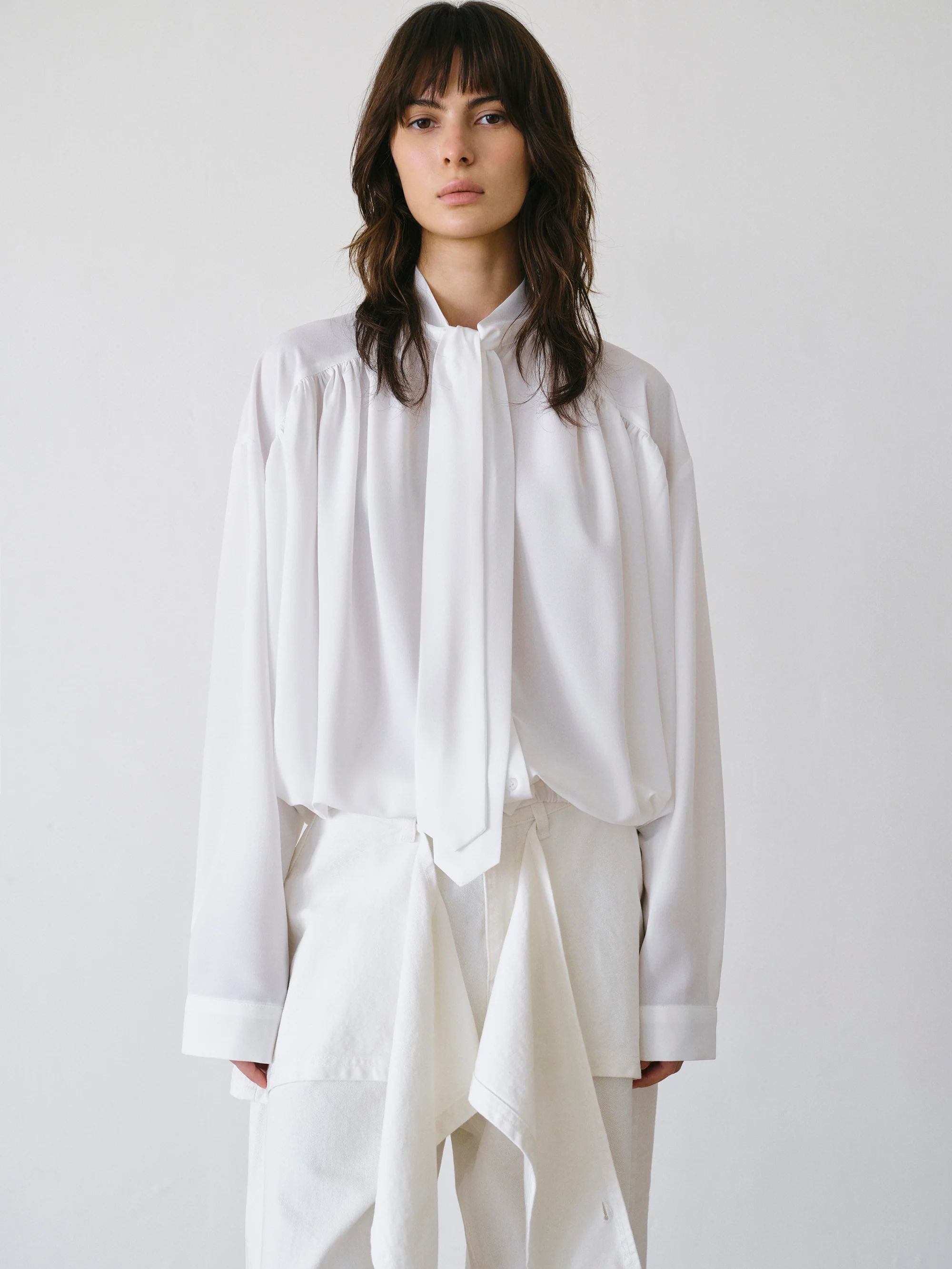 Ruched Tie-Detail Blouse, White