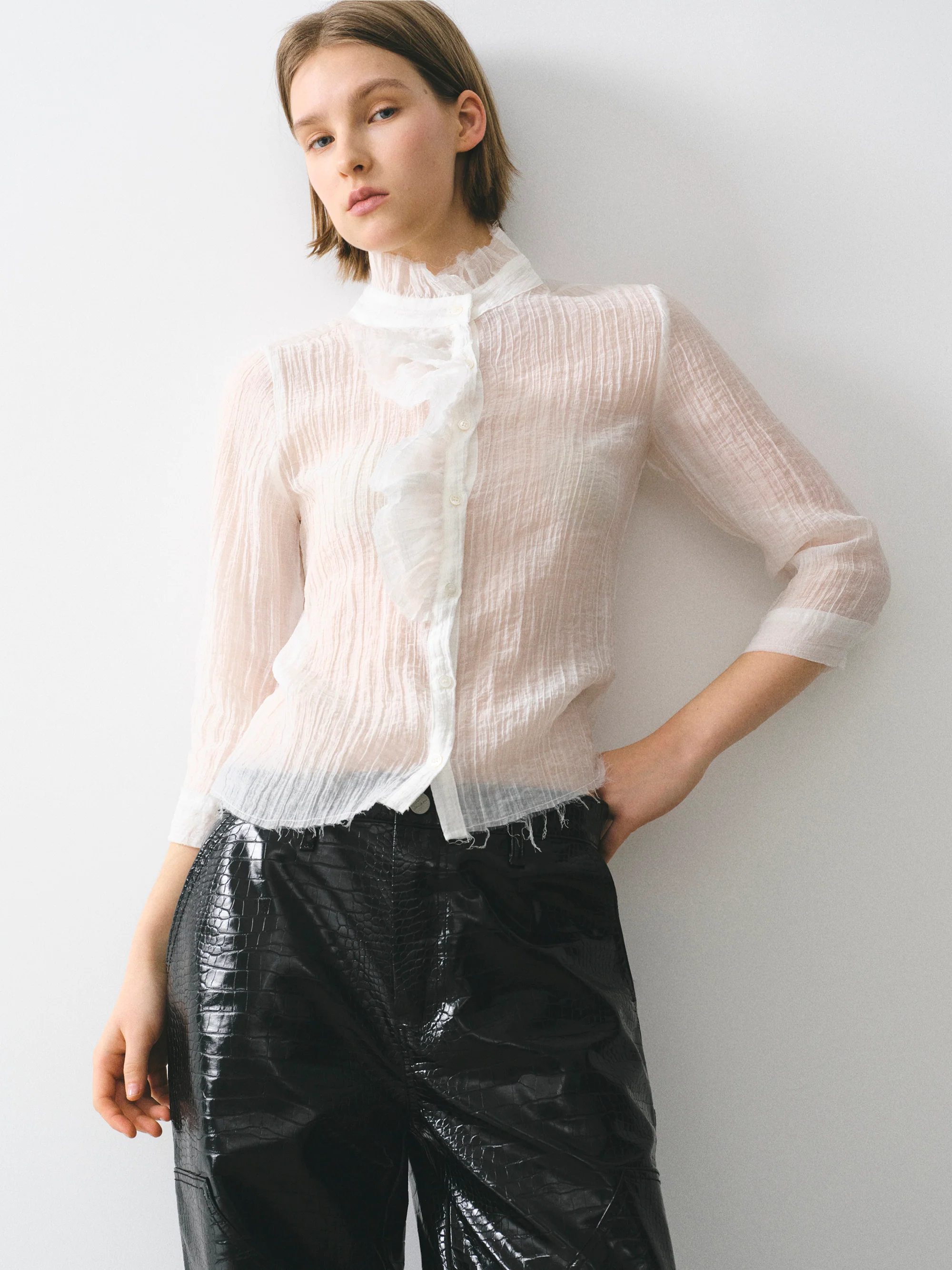 Ruffle Gauze Blouse, Ivory