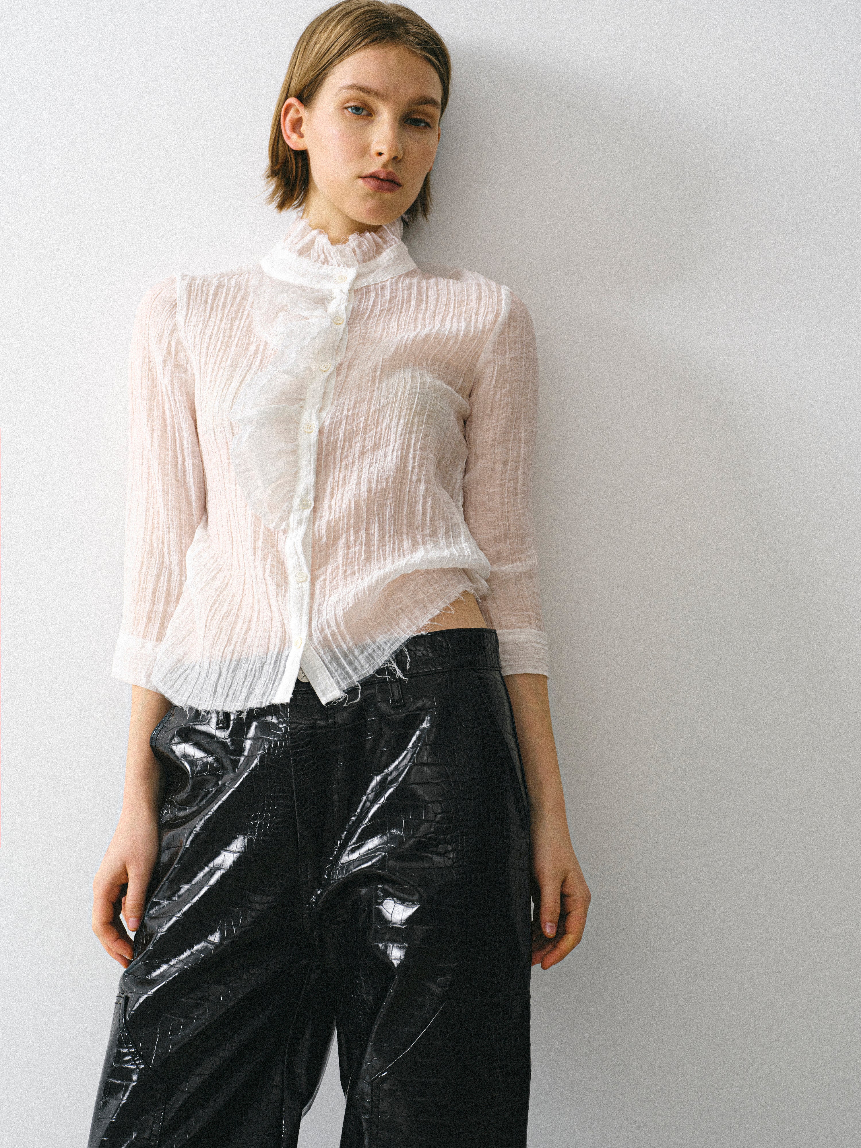 Ruffle Gauze Blouse, Ivory - Image 4