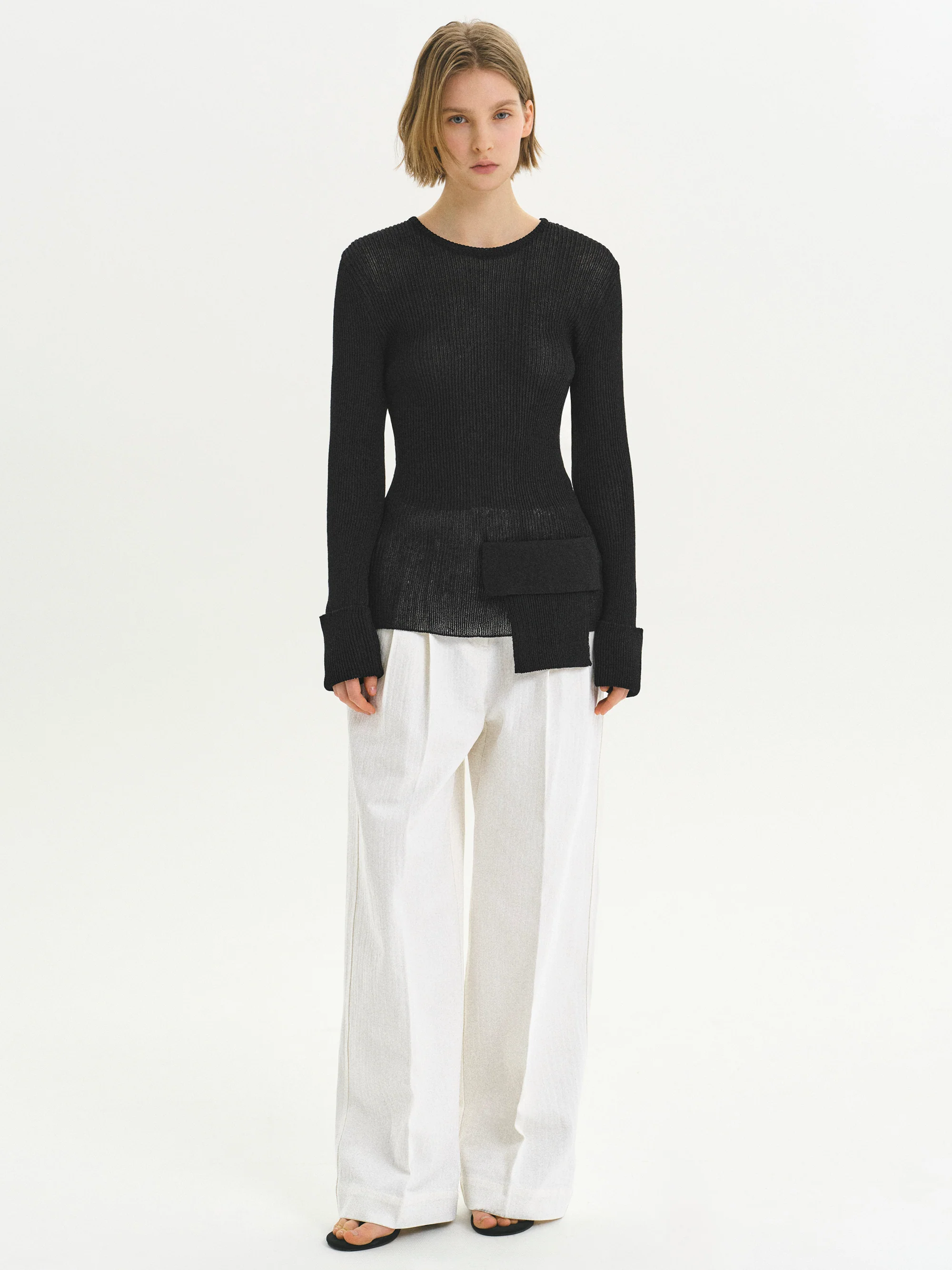 Sash Ribbed Knit Top, Black