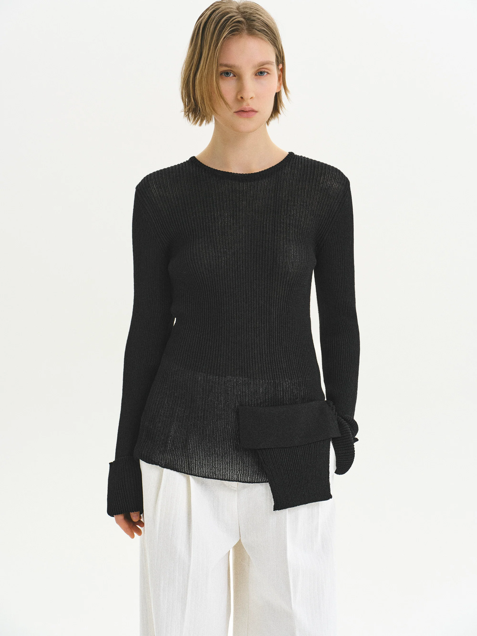 Sash Ribbed Knit Top, Black - Image 3