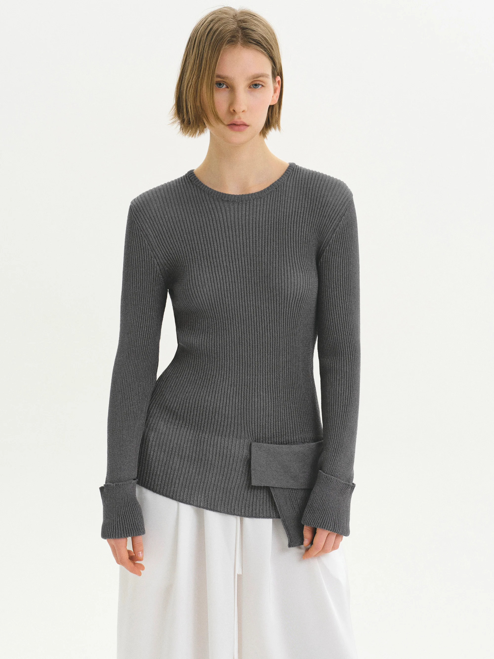 Sash Ribbed Knit Top, Charcoal