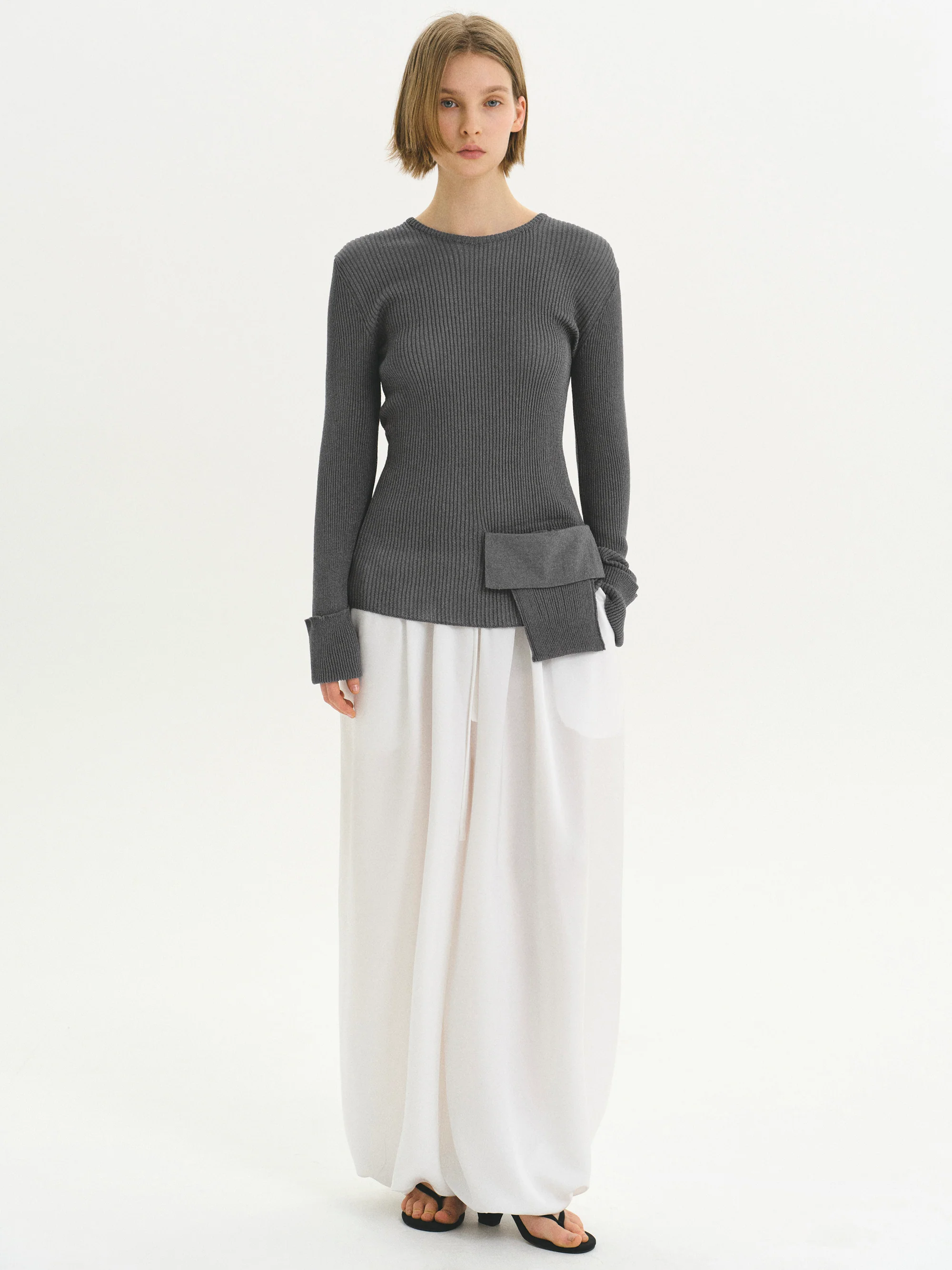 Sash Ribbed Knit Top, Charcoal - Image 3