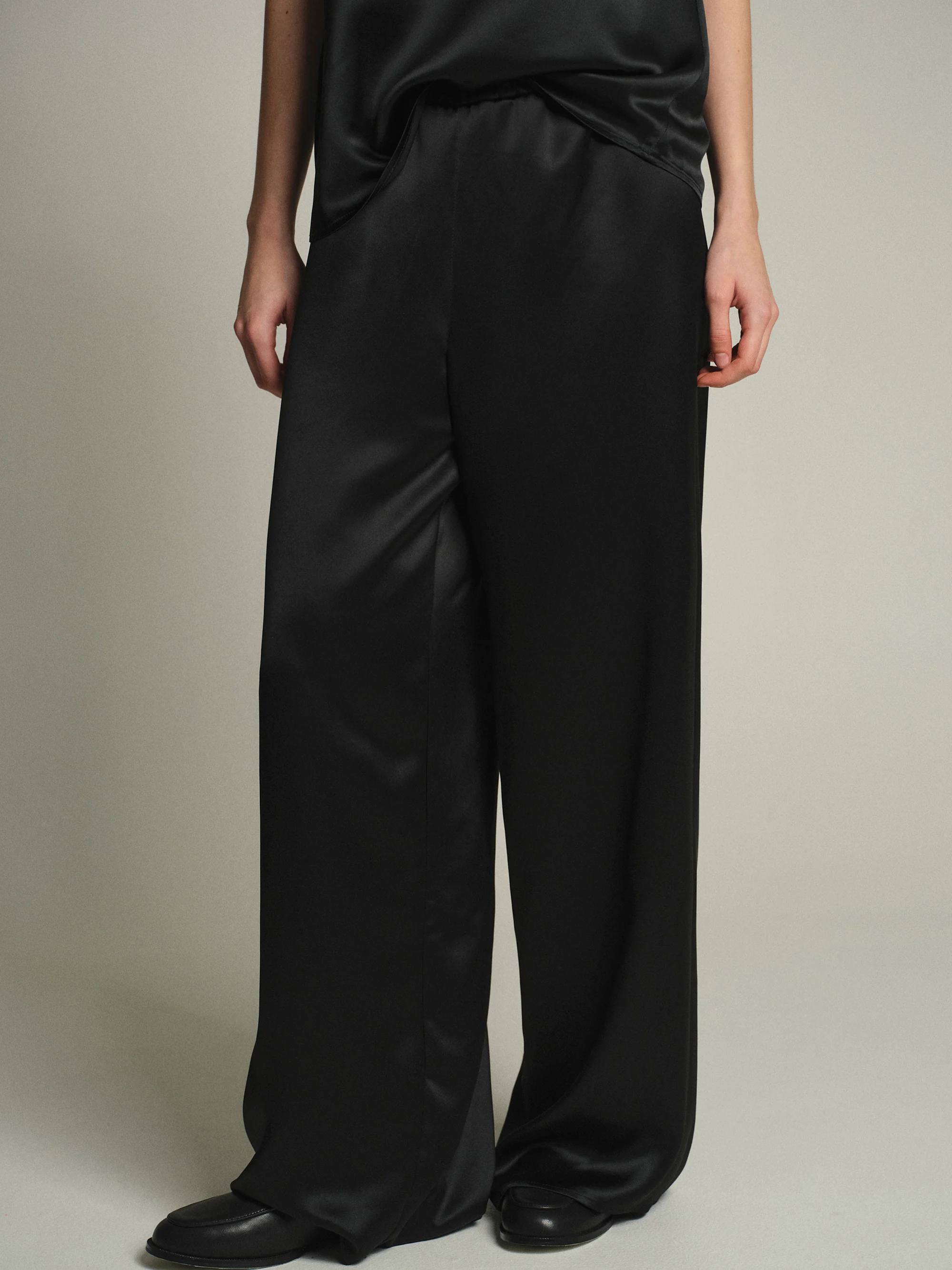 Satin Effect Drawstring Pants, Black - Image 3