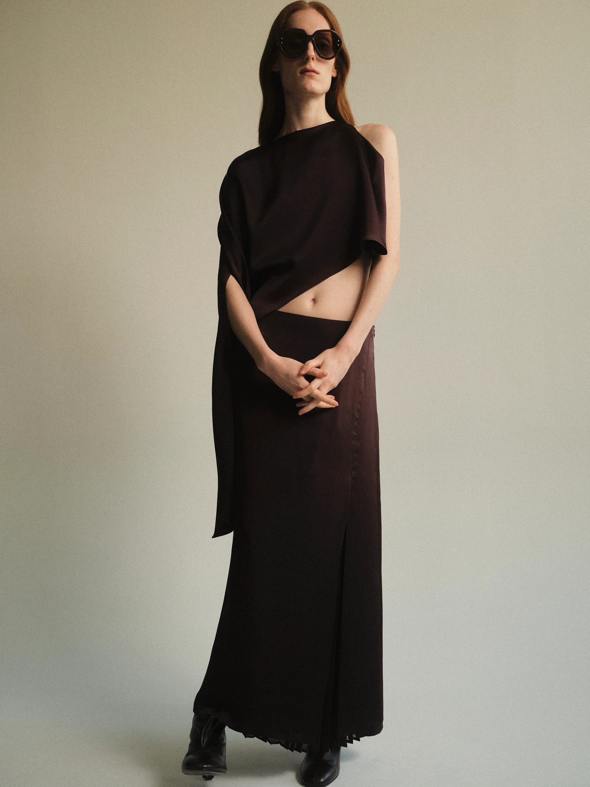 Satin-Effect Midi Skirt, Brown