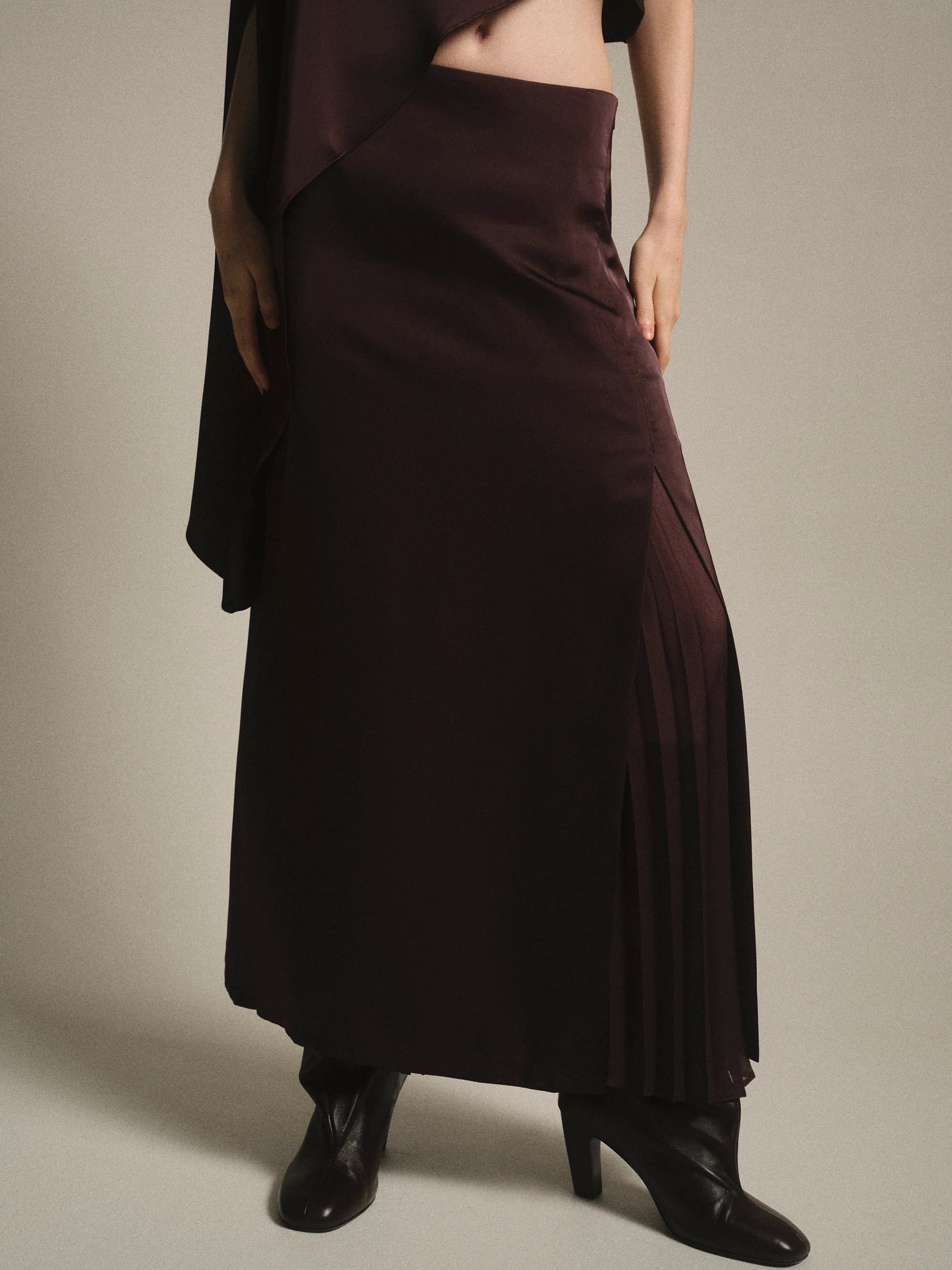 Satin-Effect Midi Skirt, Brown - Image 2