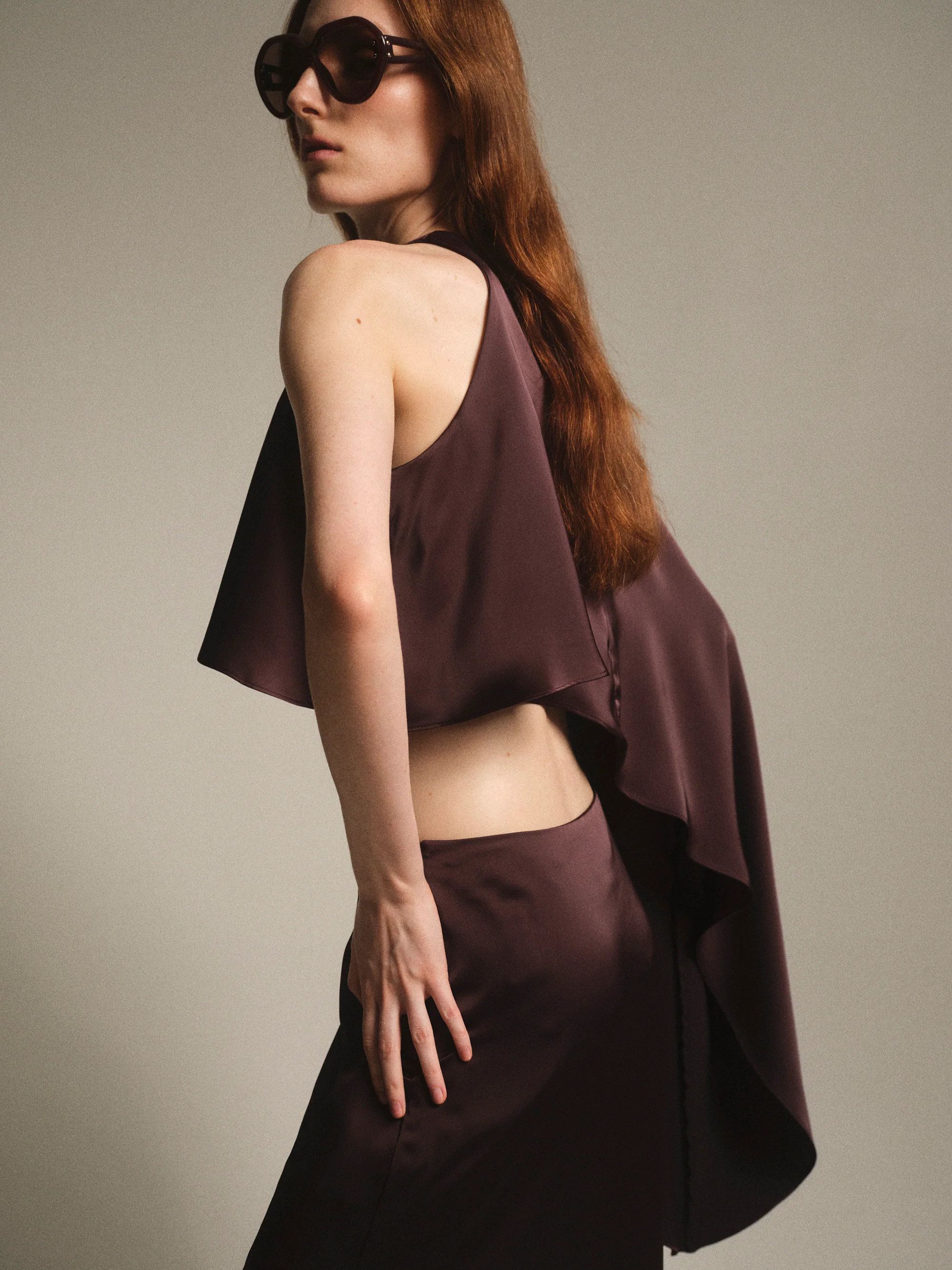 Satin-Effect One-Shoulder Top, Brown - Image 2