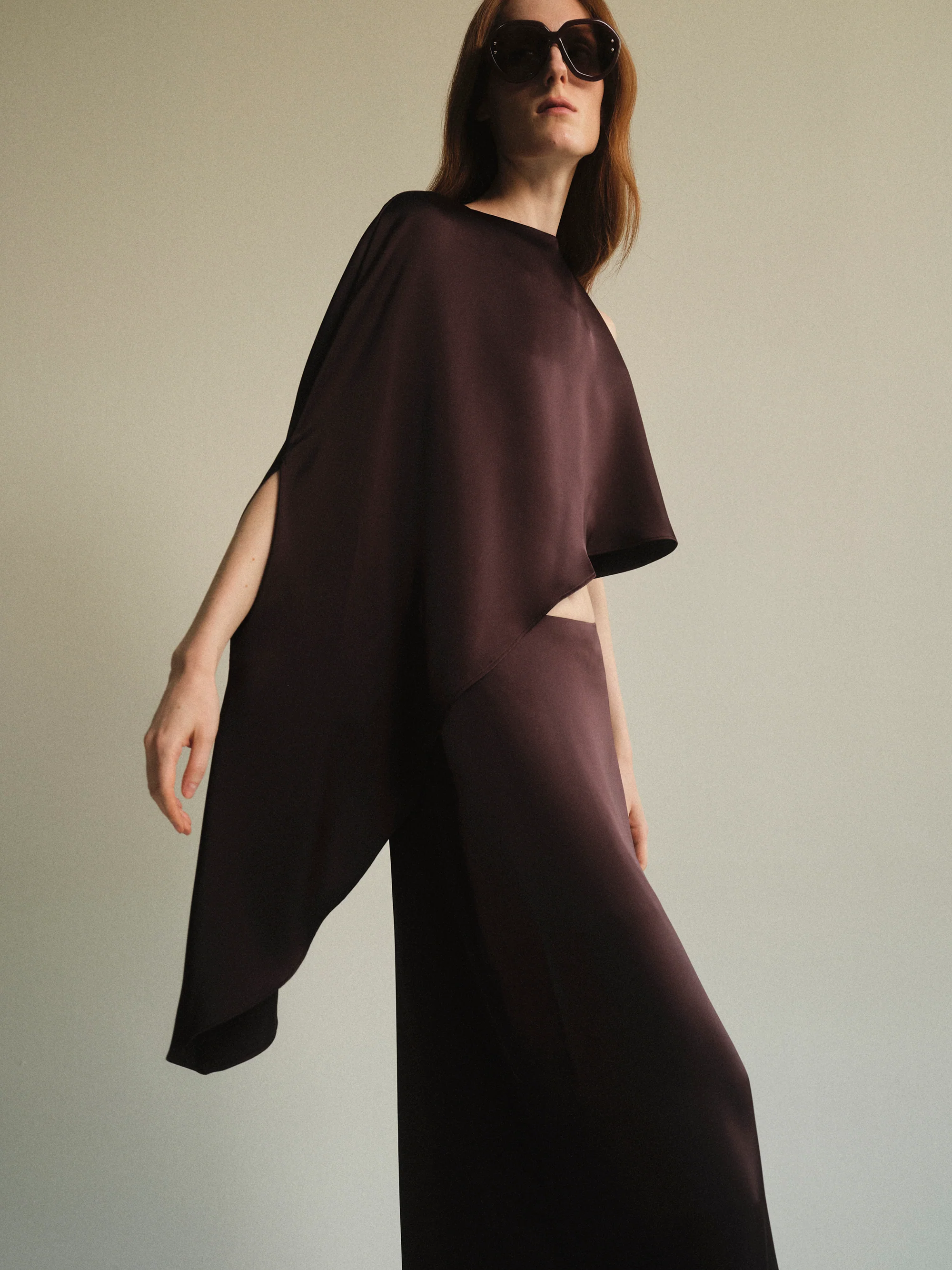 Satin-Effect One-Shoulder Top, Brown - Image 3