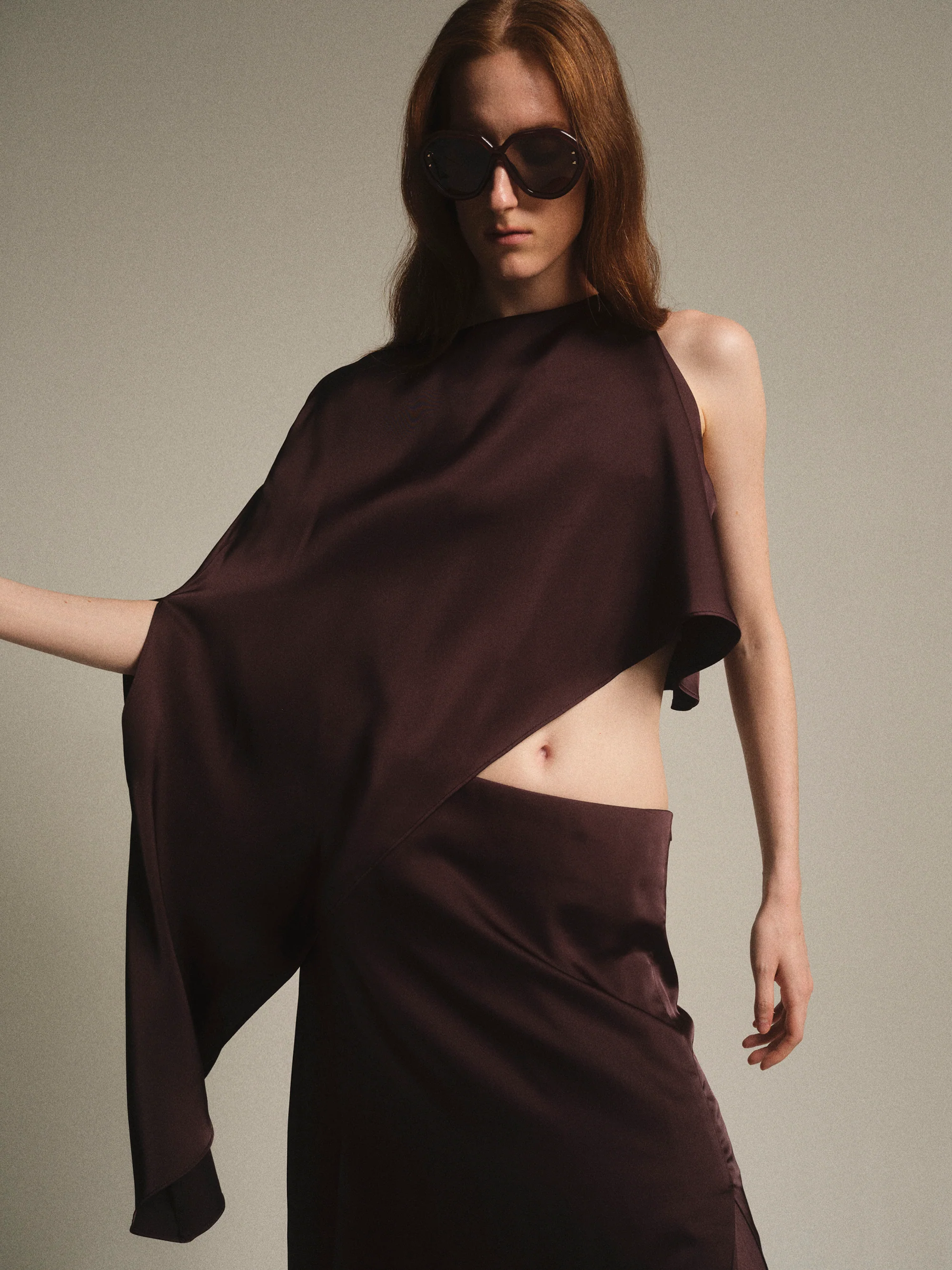 Satin-Effect One-Shoulder Top, Brown - Image 4