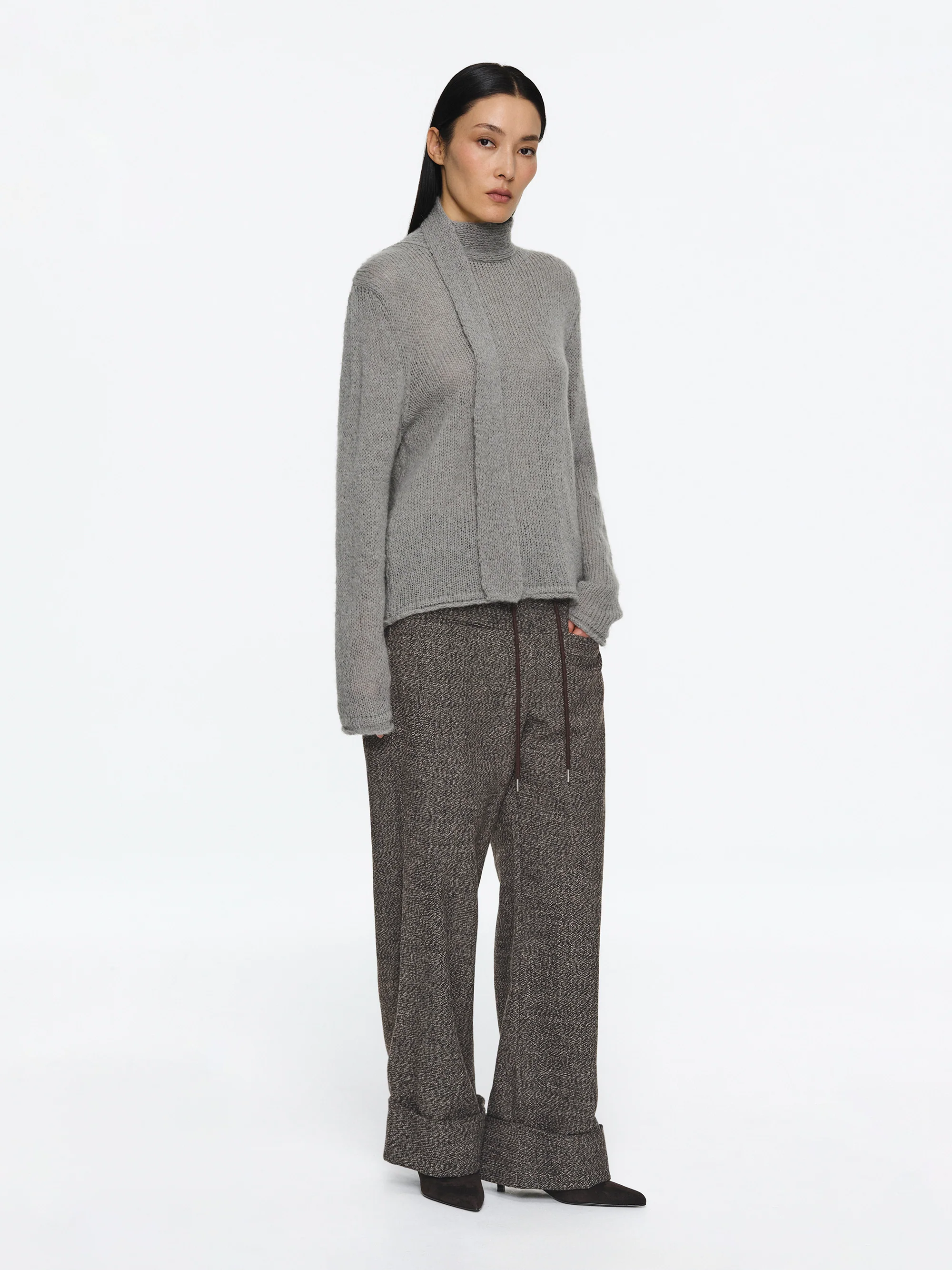 Scarf Collar Sweater, Grey - Image 3