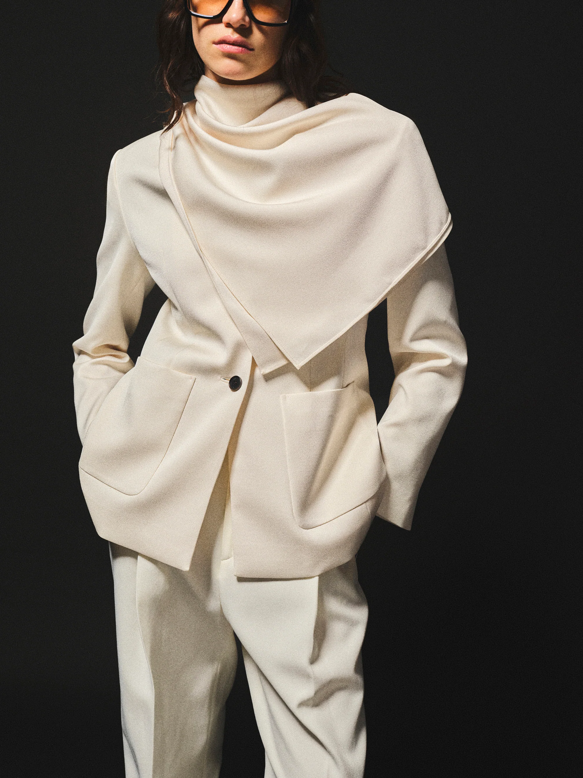Scarf Collarless Blazer, Ivory