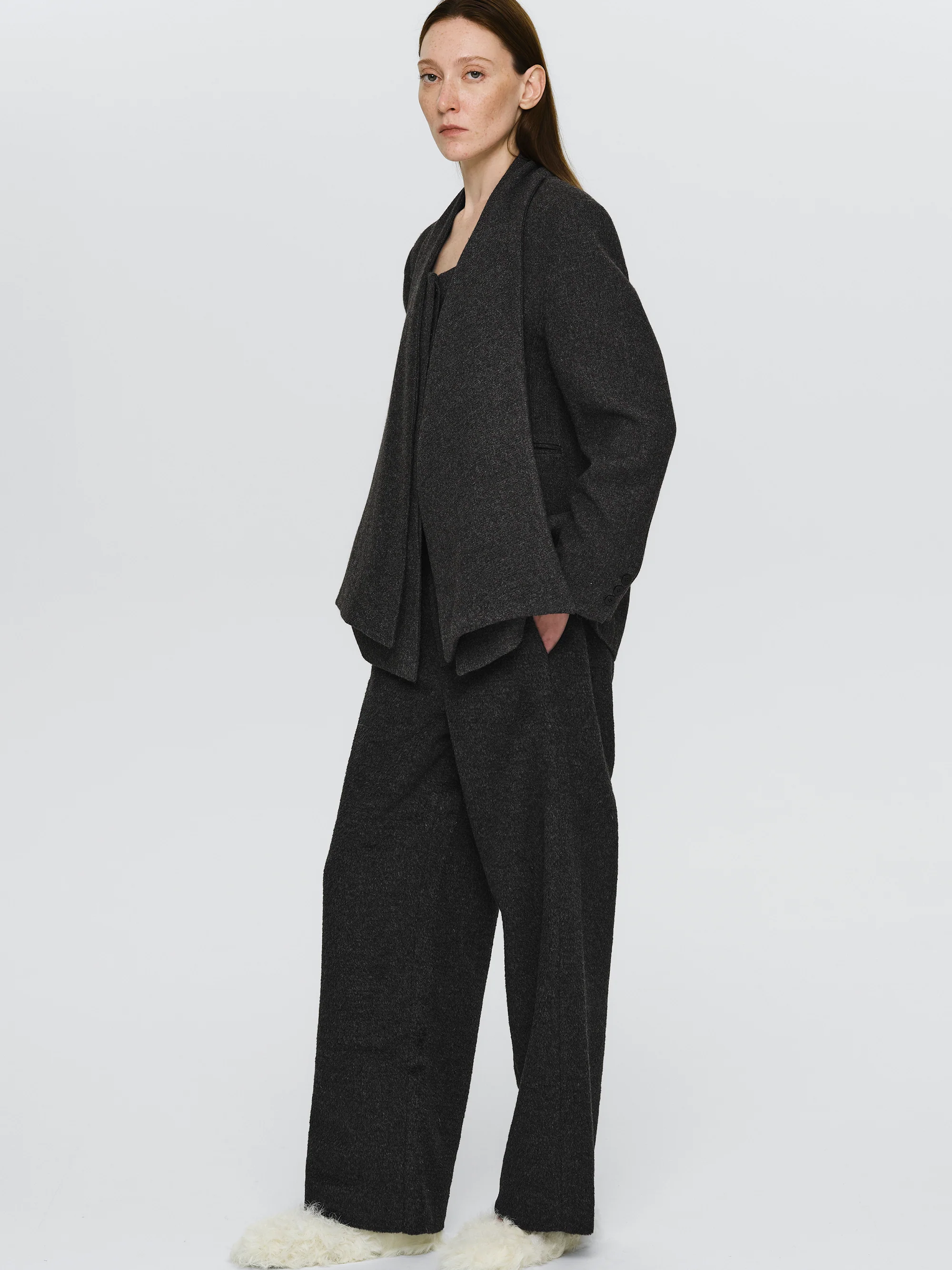 Scarf Lapel Blazer, Charcoal - Image 2
