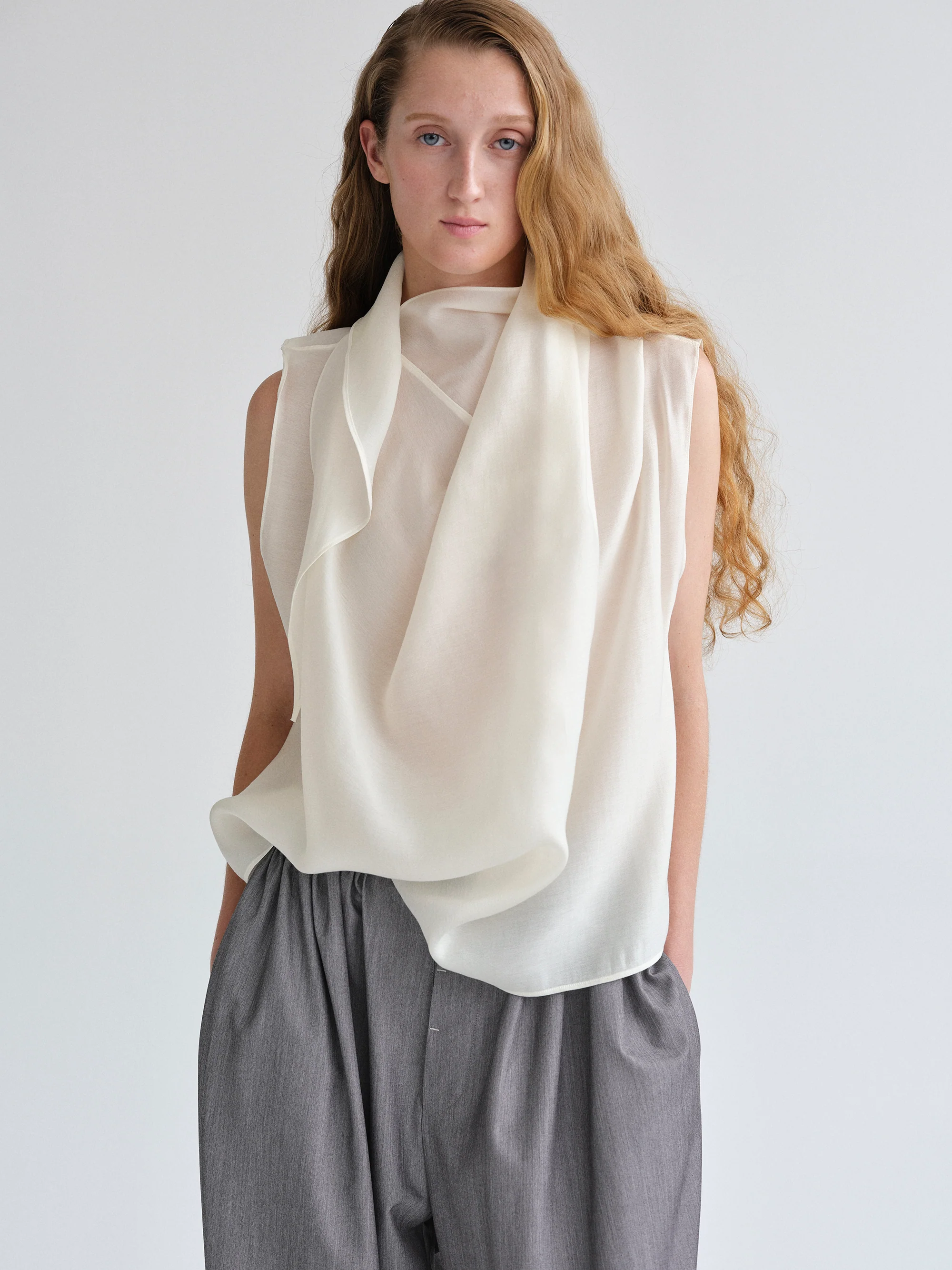 Scarf-Neck Blouse, White