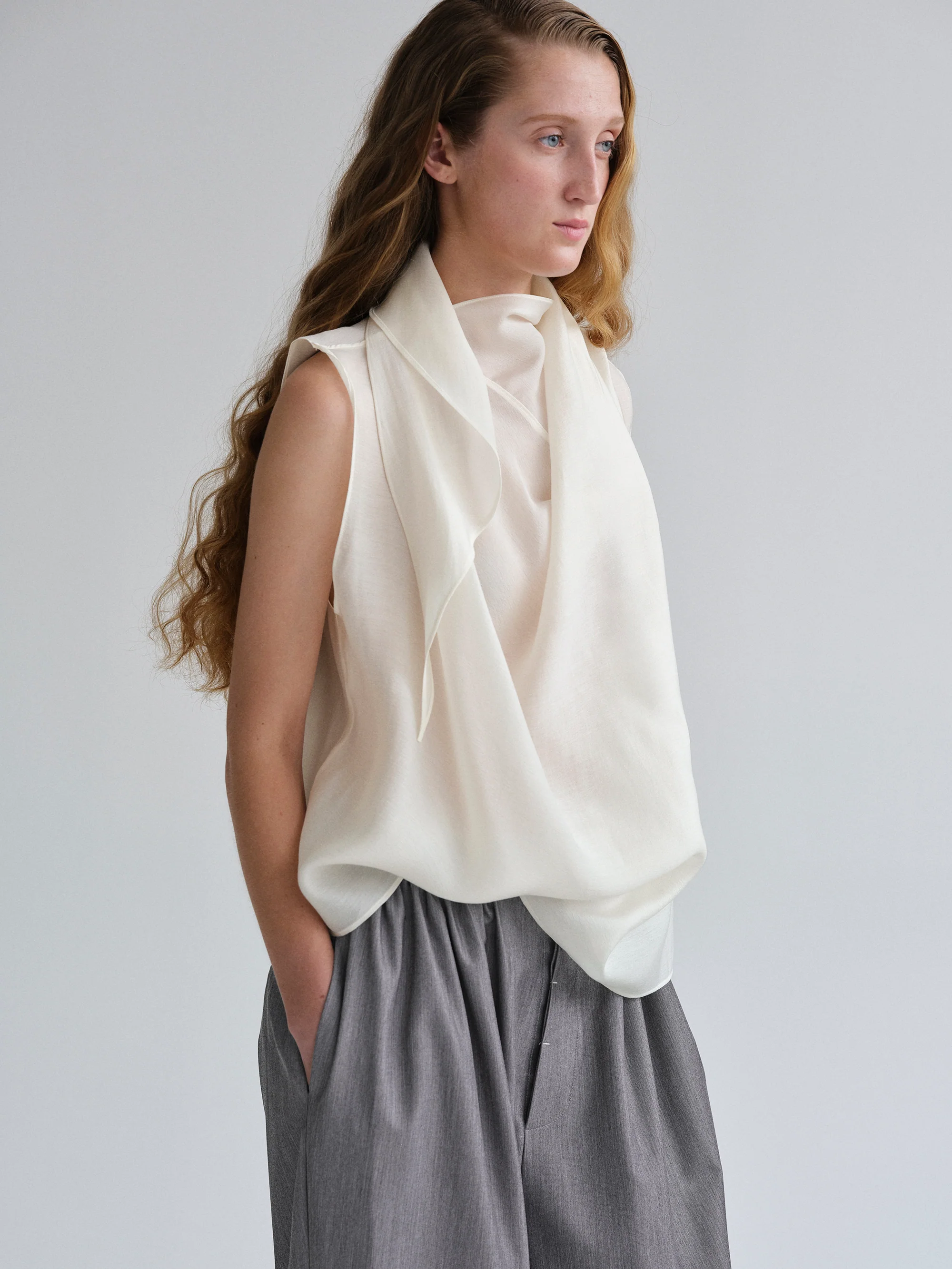 Scarf-Neck Blouse, White - Image 2