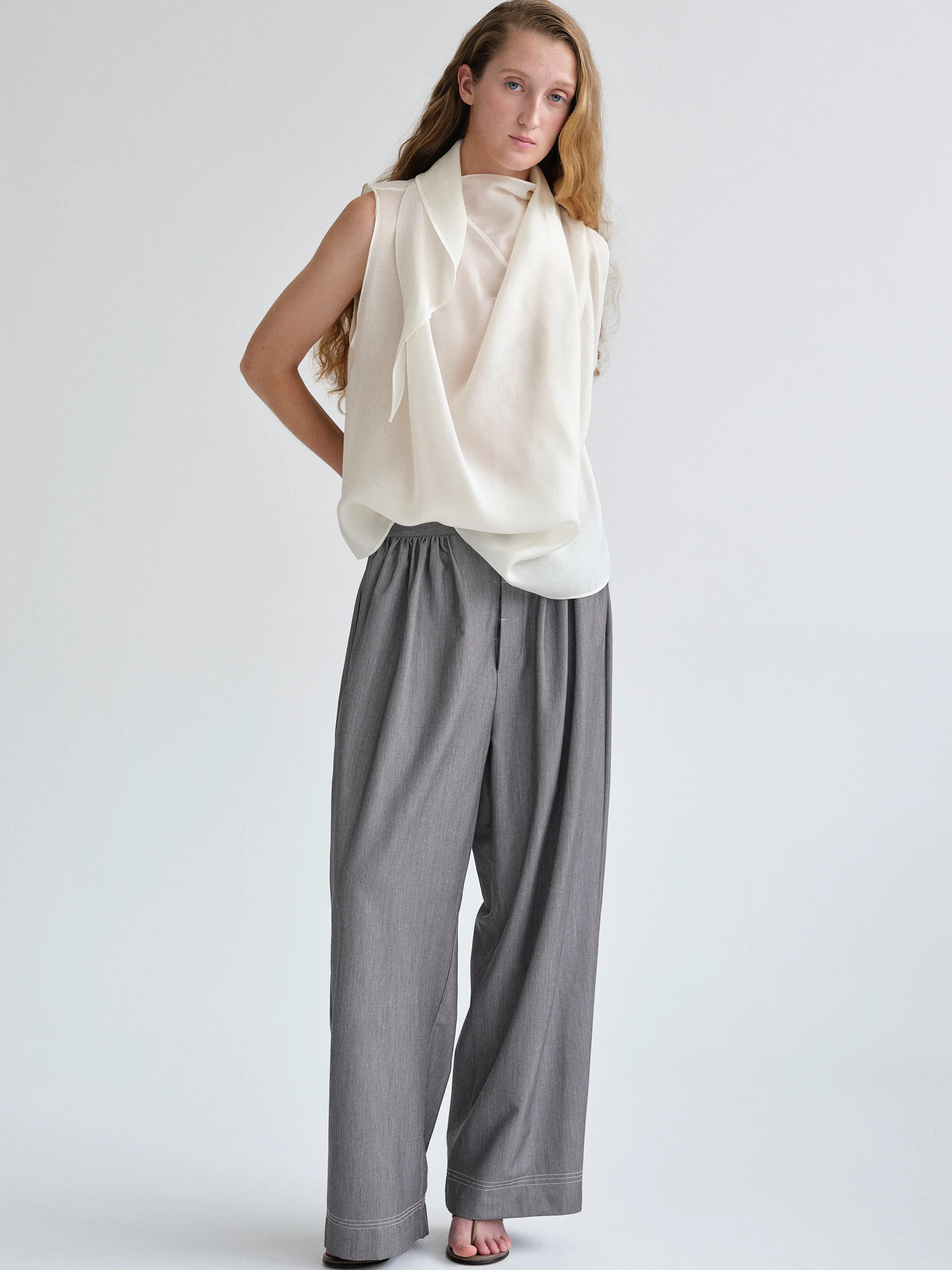 Scarf-Neck Blouse, White - Image 5