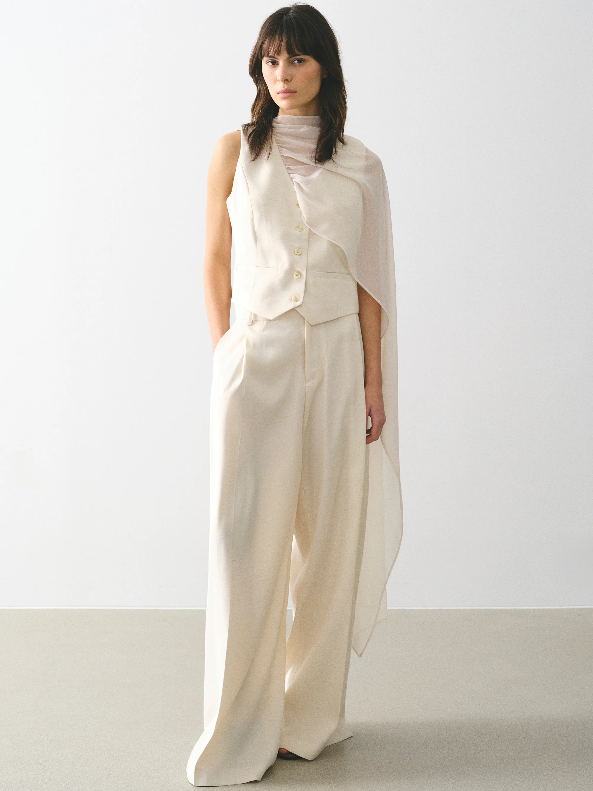 Scarf-Neck Waistcoat, Cream - Image 2