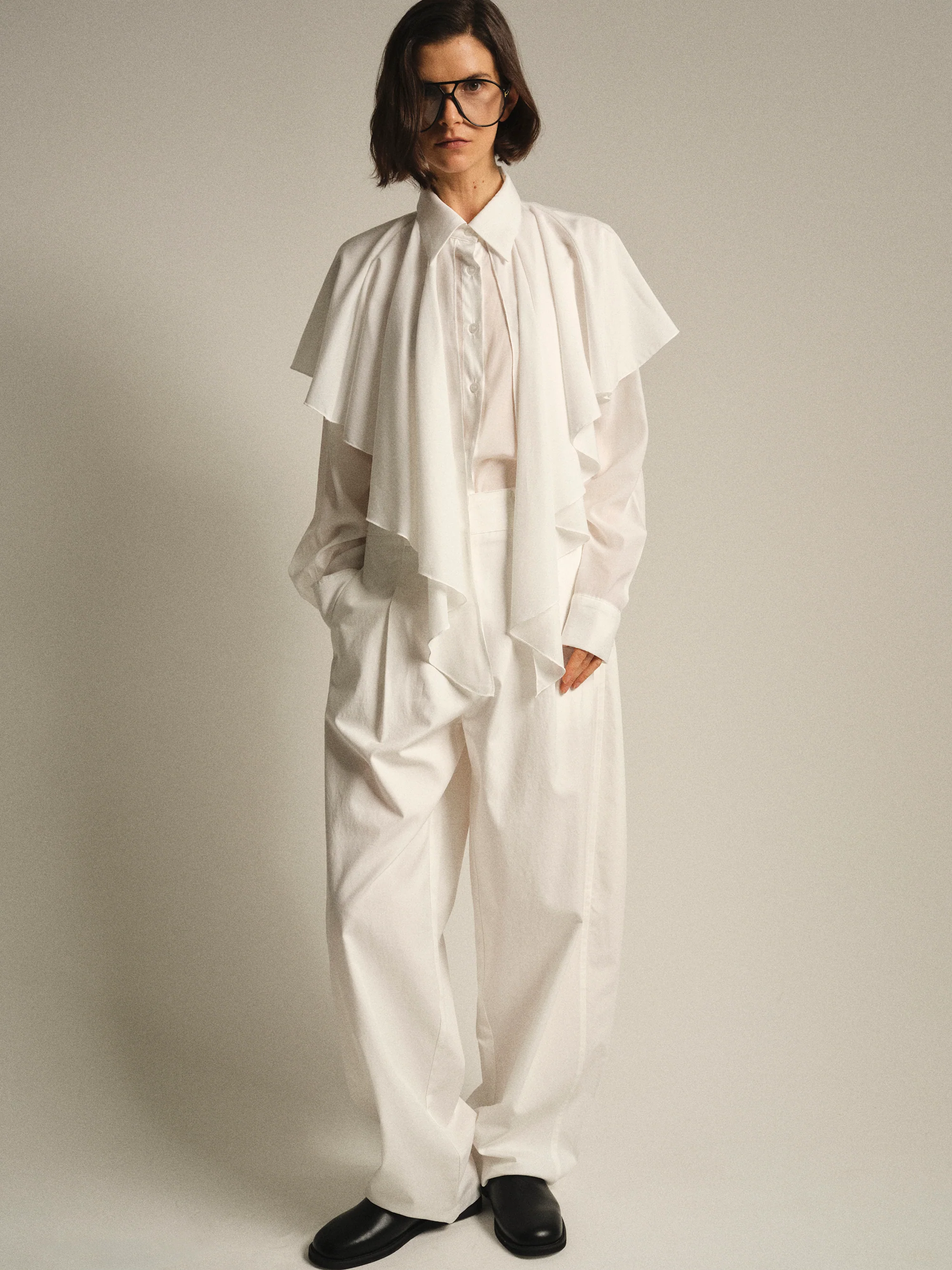 Scarf-Overlay Blouse, Ivory