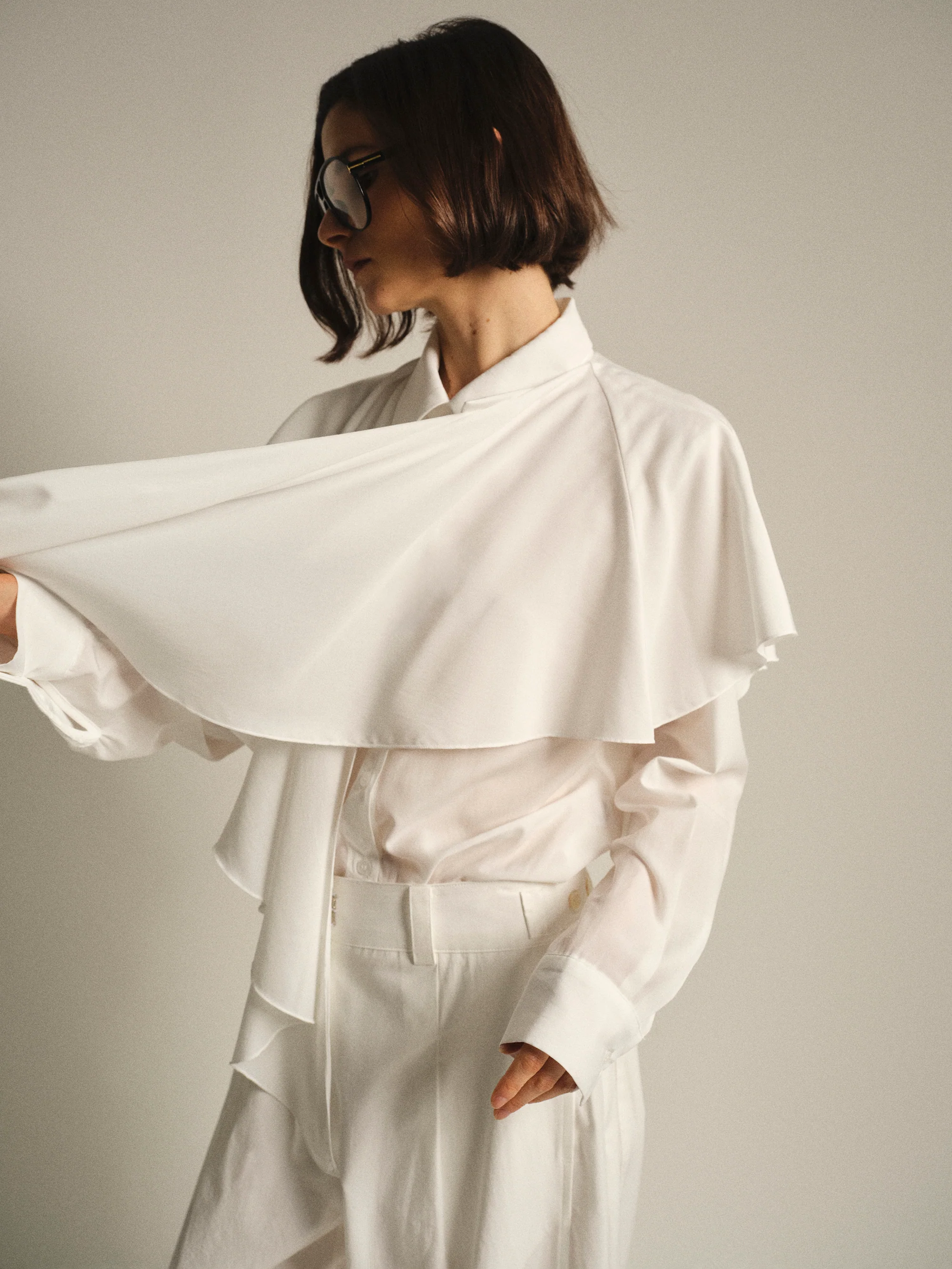 Scarf-Overlay Blouse, Ivory - Image 2