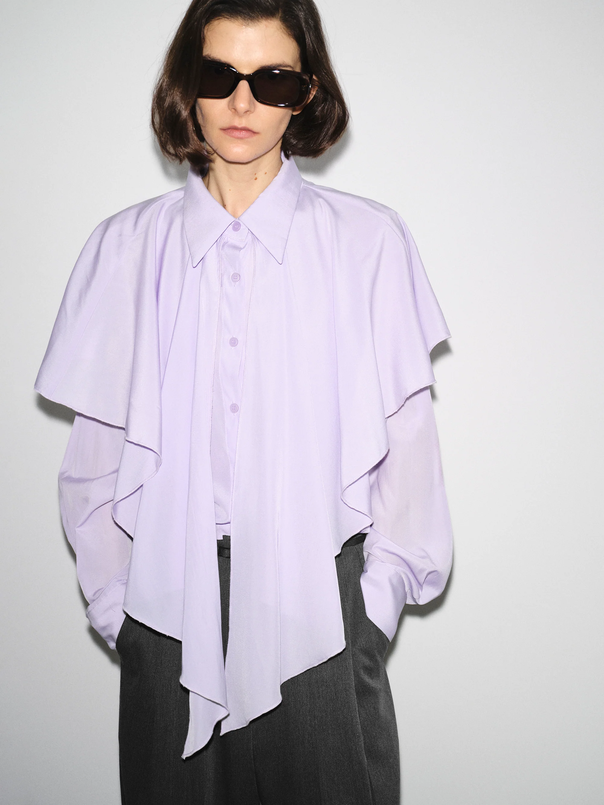 Scarf-Overlay Blouse, Purple - Image 2