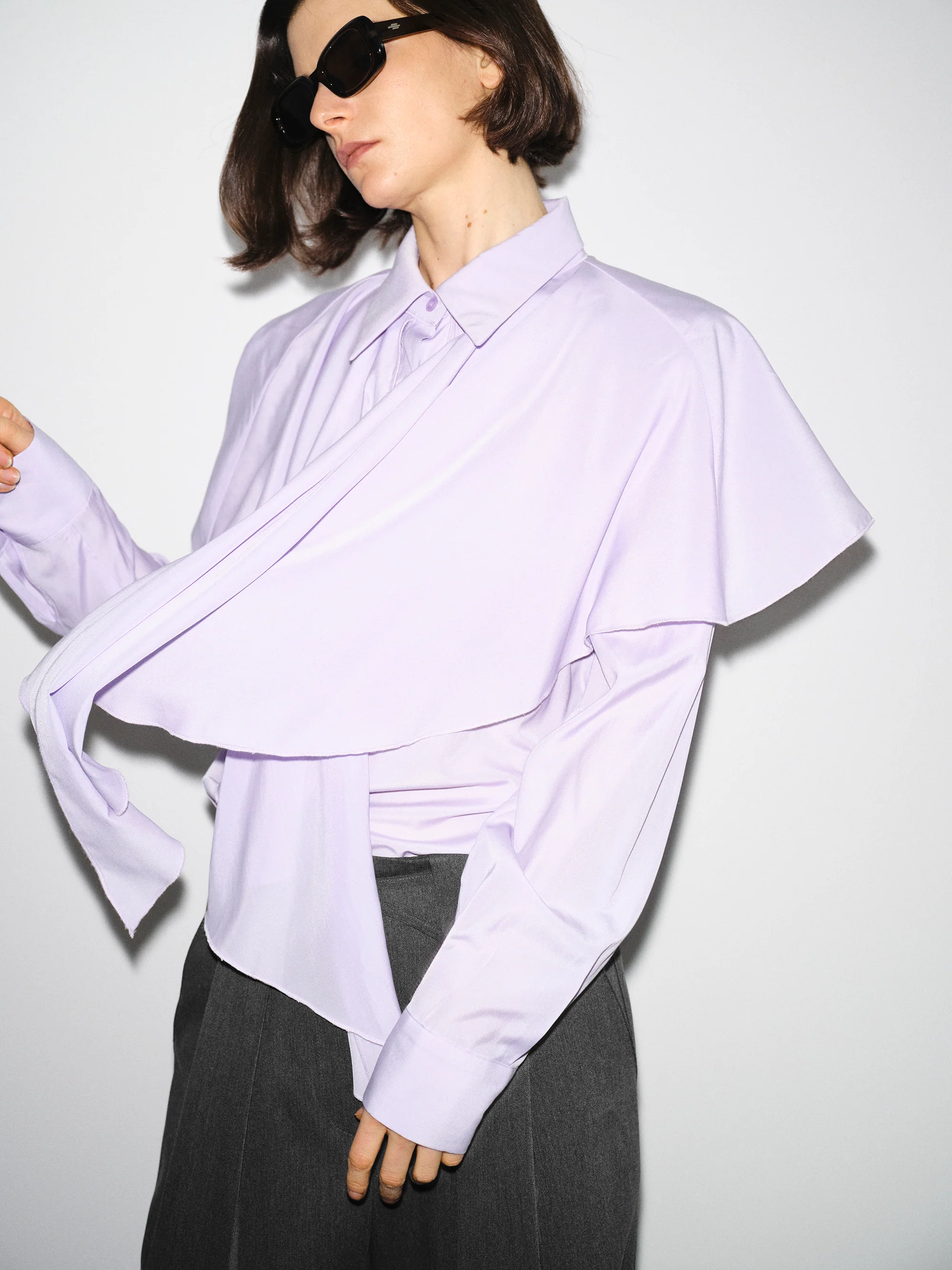 Scarf-Overlay Blouse, Purple - Image 3