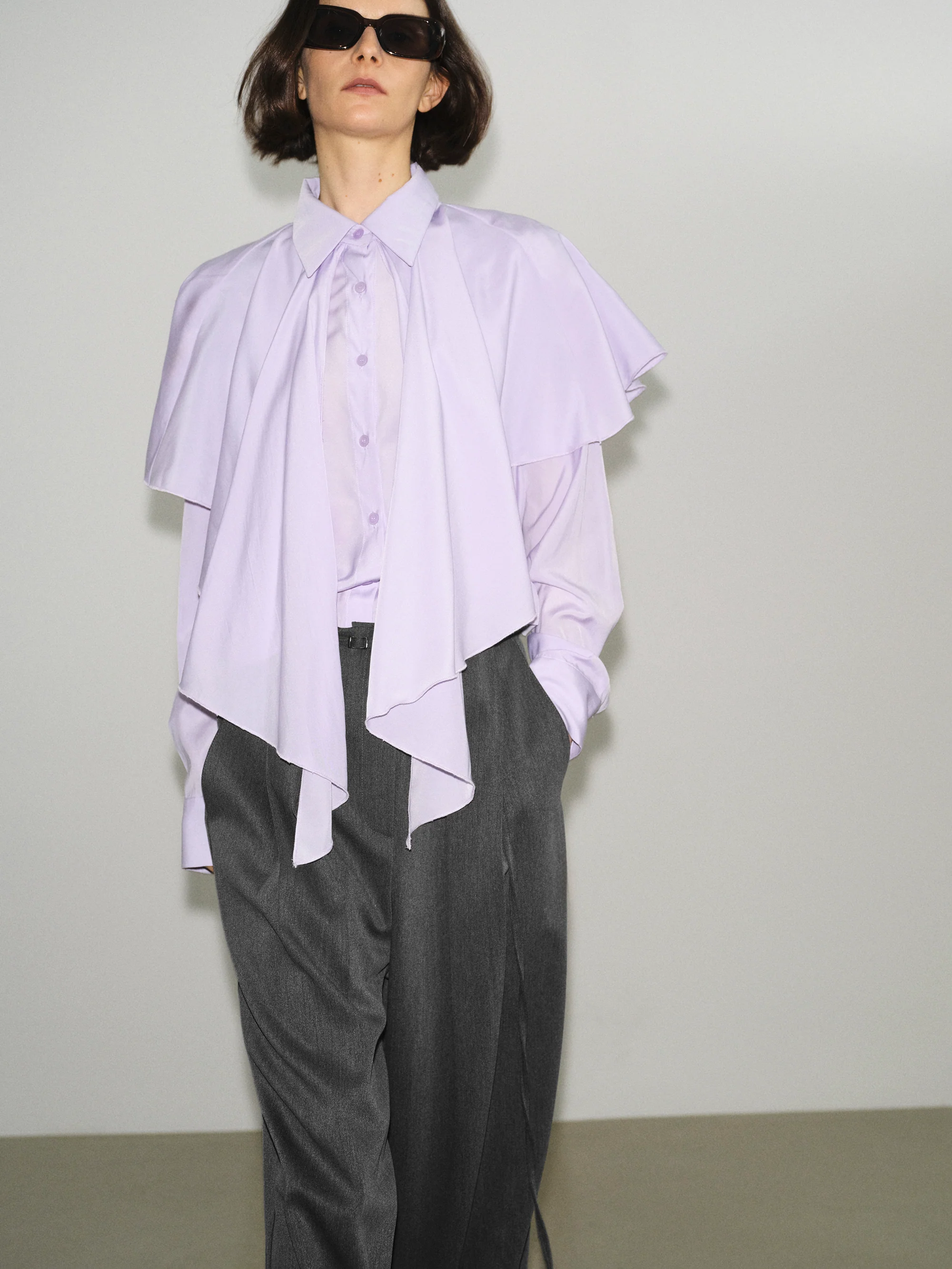 Scarf-Overlay Blouse, Purple - Image 4