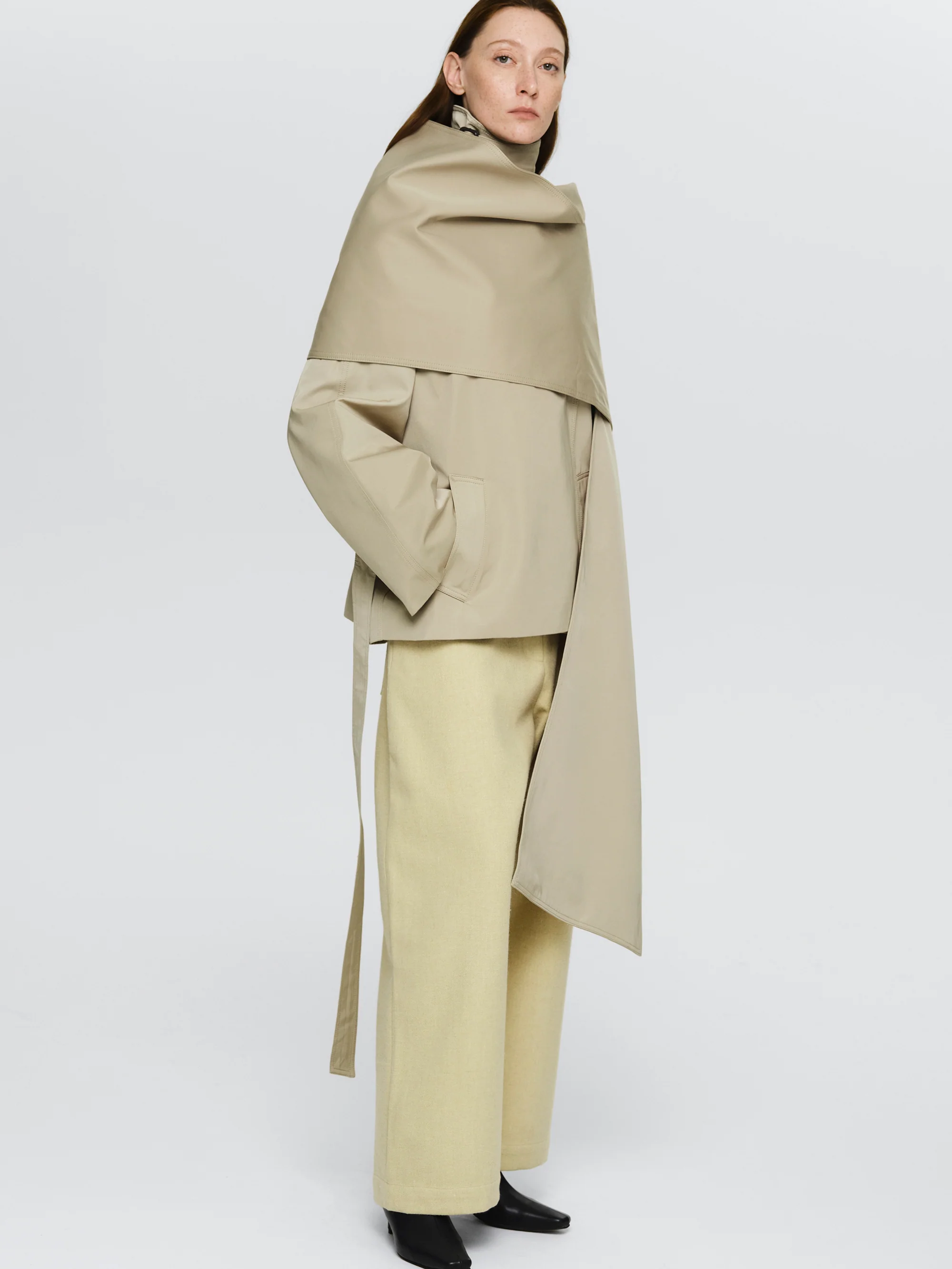 Scarf Short Trench Coat, Beige