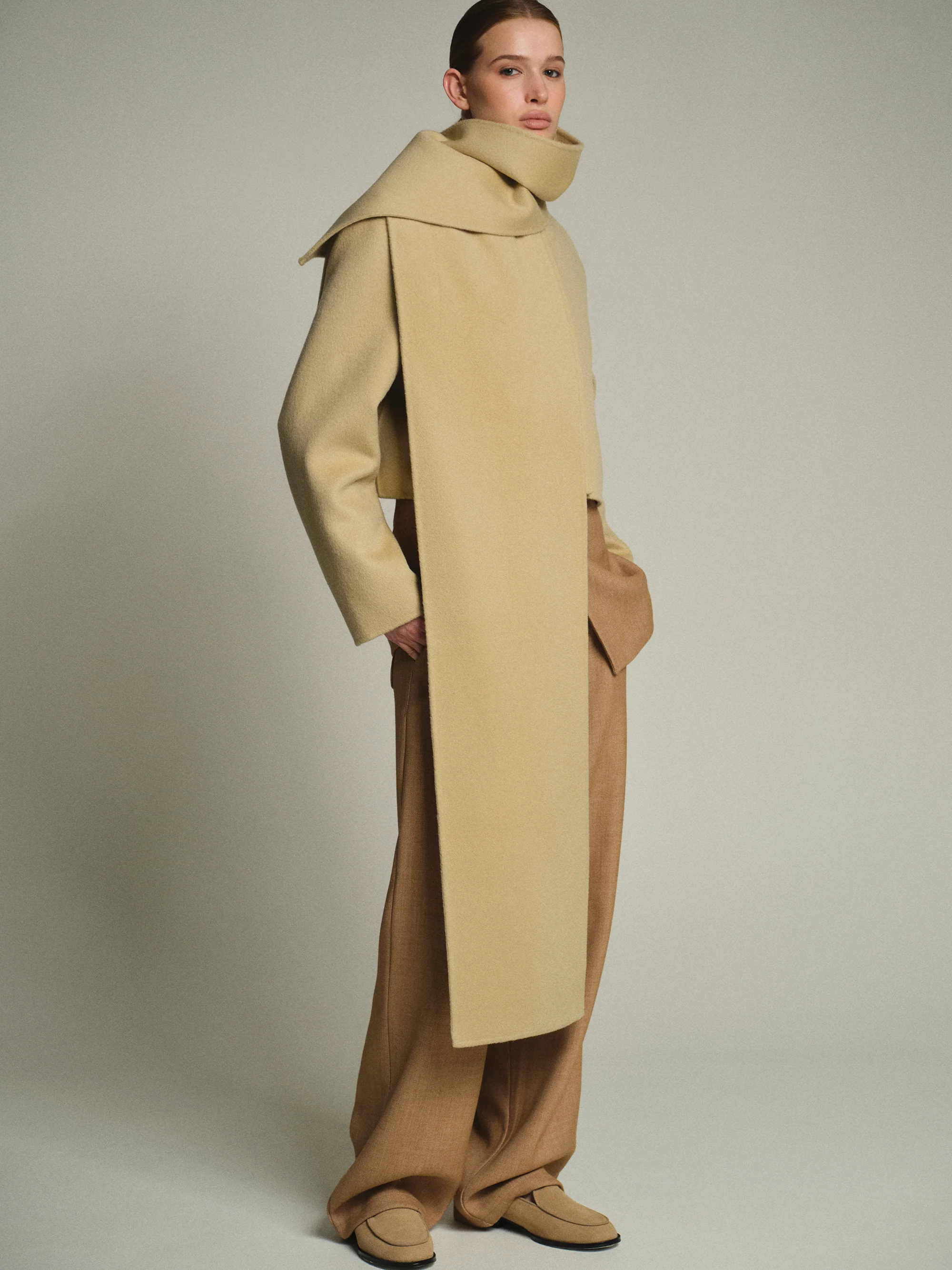 Scarf Wool Short Coat, Beige