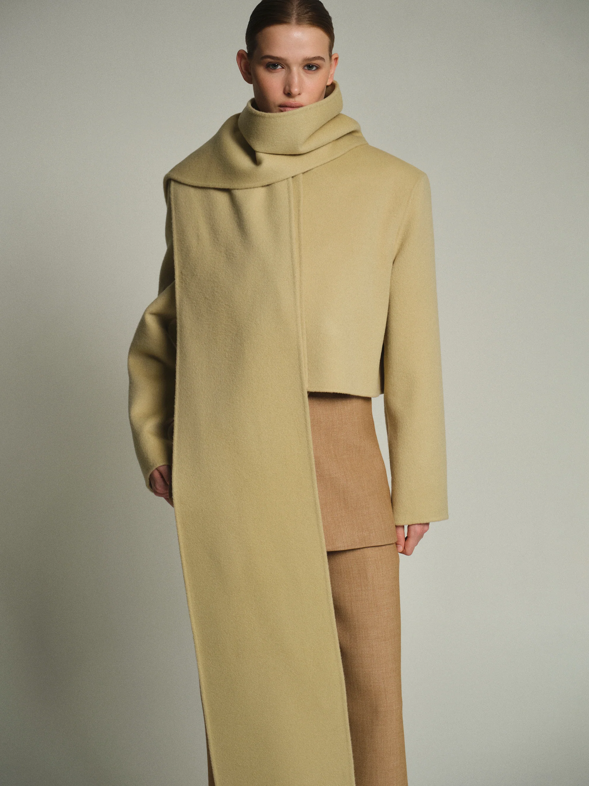 Scarf Wool Short Coat, Beige - Image 2