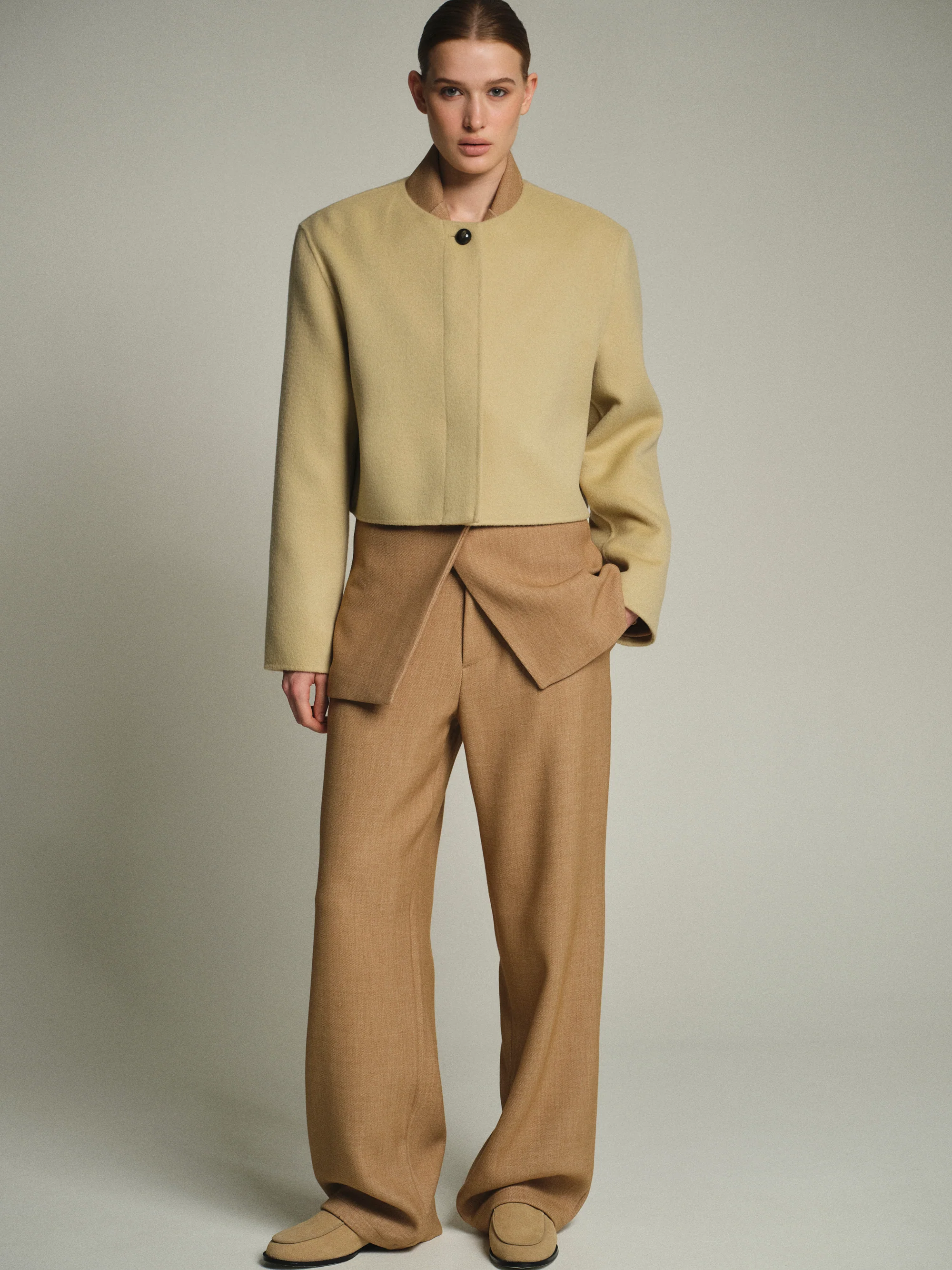Scarf Wool Short Coat, Beige - Image 3