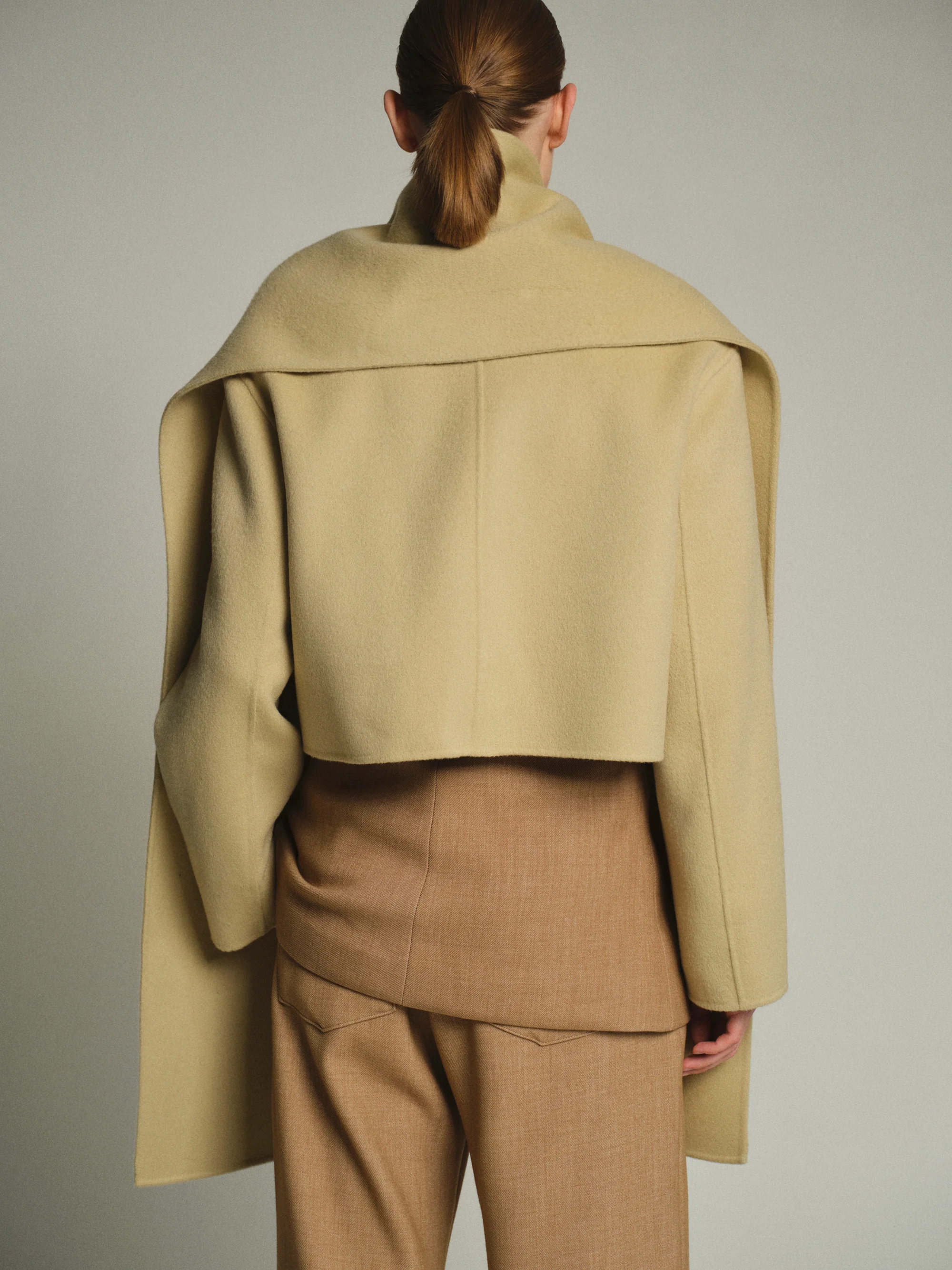 Scarf Wool Short Coat, Beige - Image 4