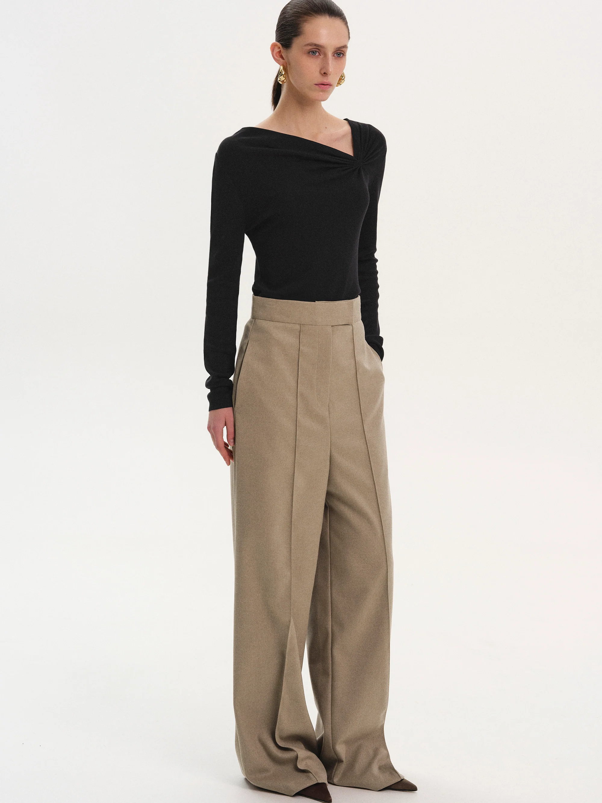 Selvan High Waist Creased Trousers, Mocha - Image 3