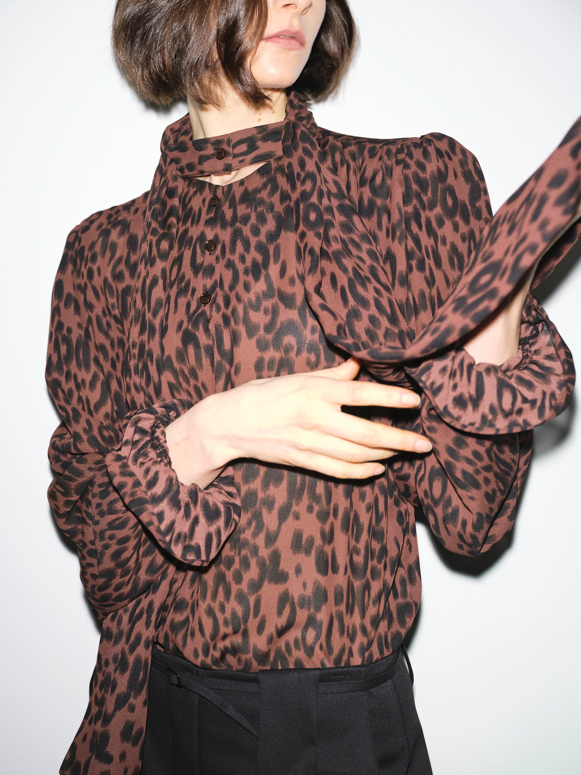Semi-Sheer Tie Blouse, Leopard