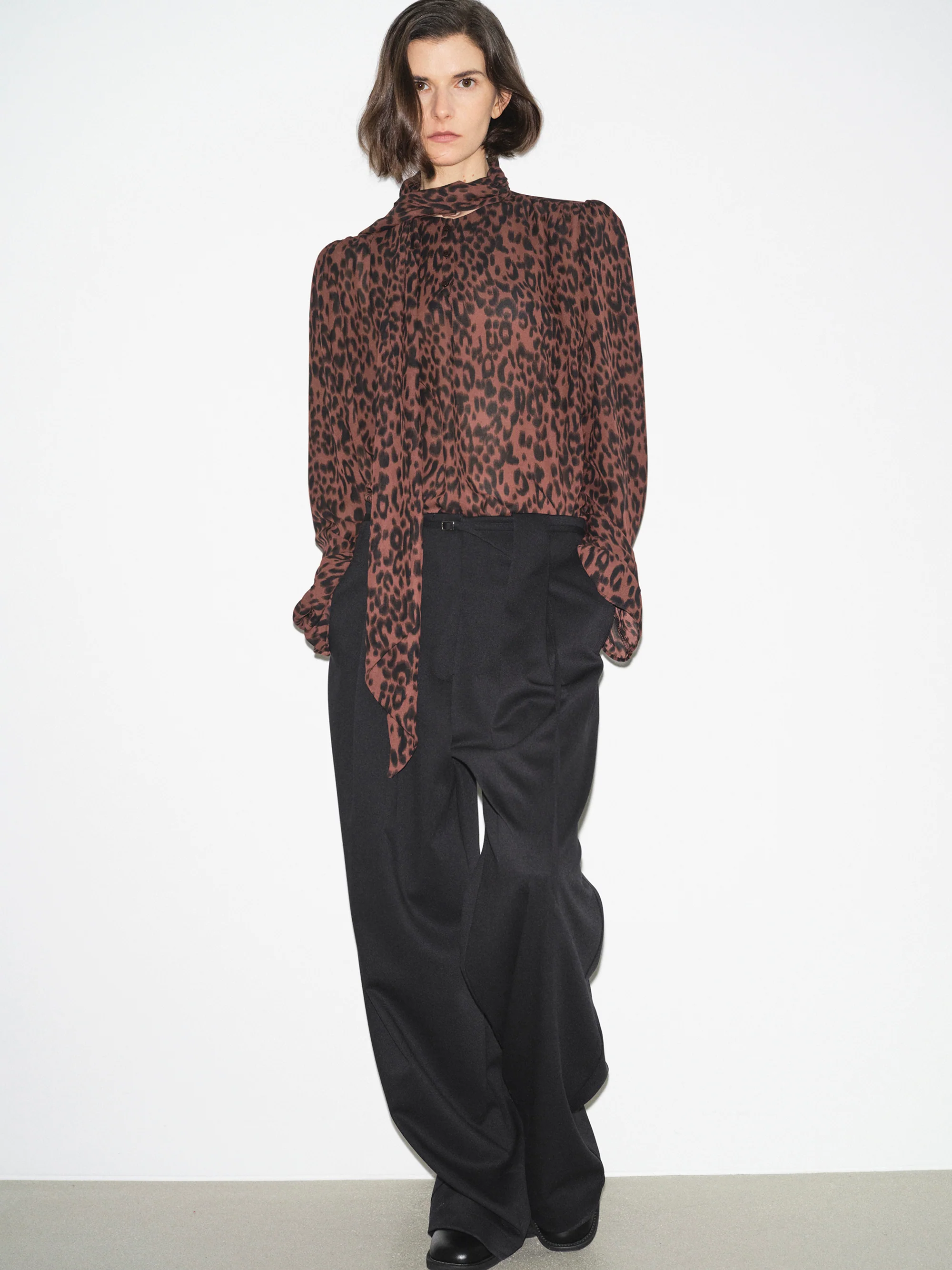 Semi-Sheer Tie Blouse, Leopard - Image 3