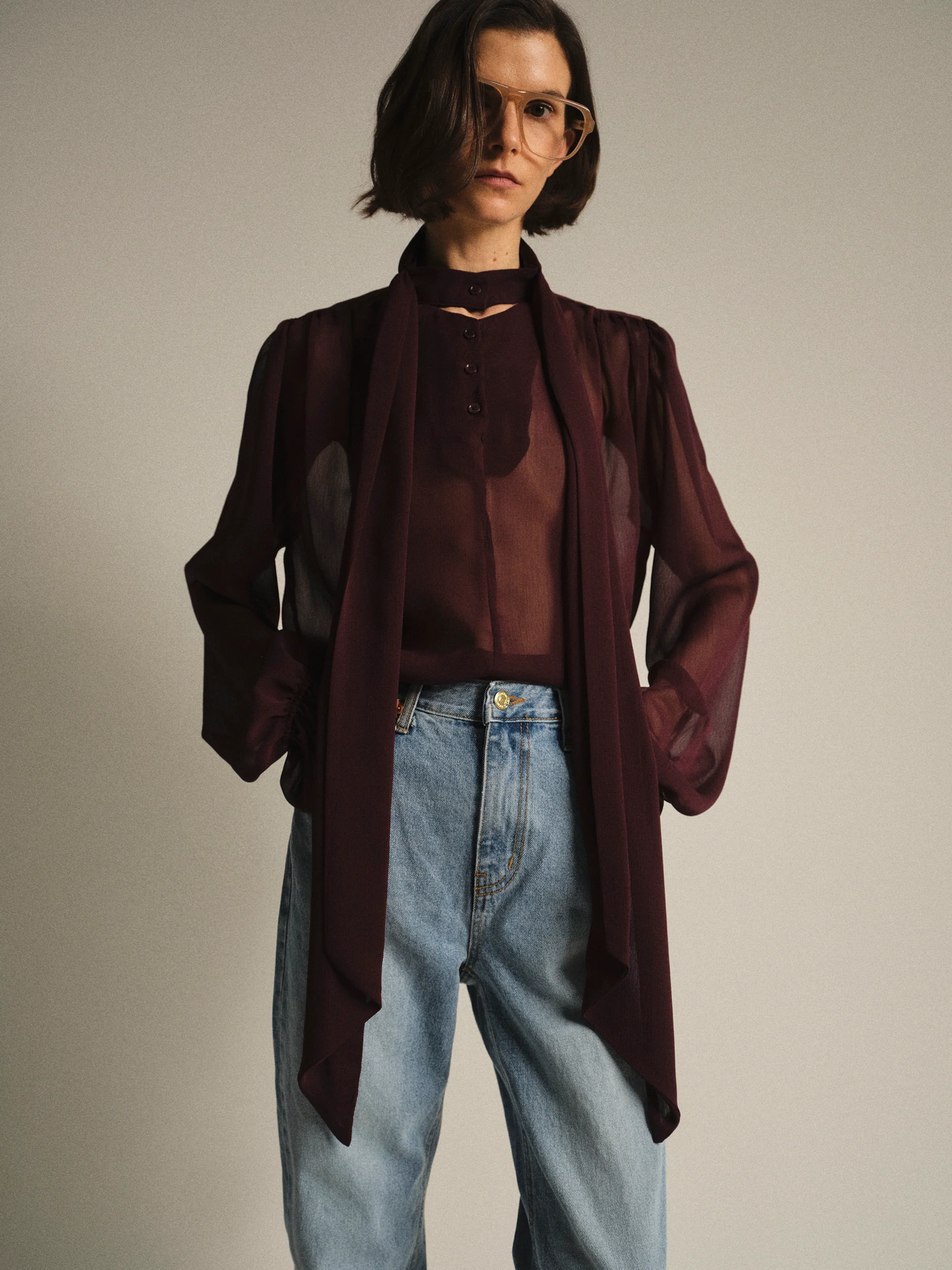 Semi-Sheer Tie Blouse, Wine - Image 2