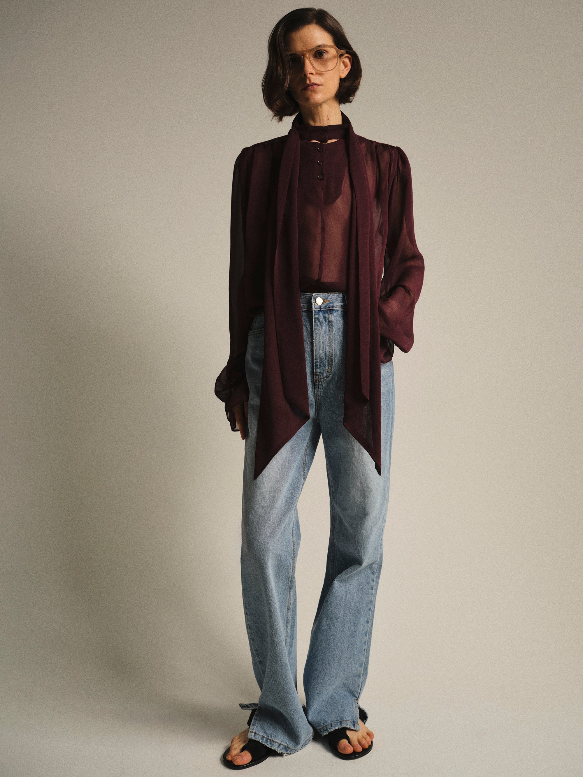 Semi-Sheer Tie Blouse, Wine - Image 3