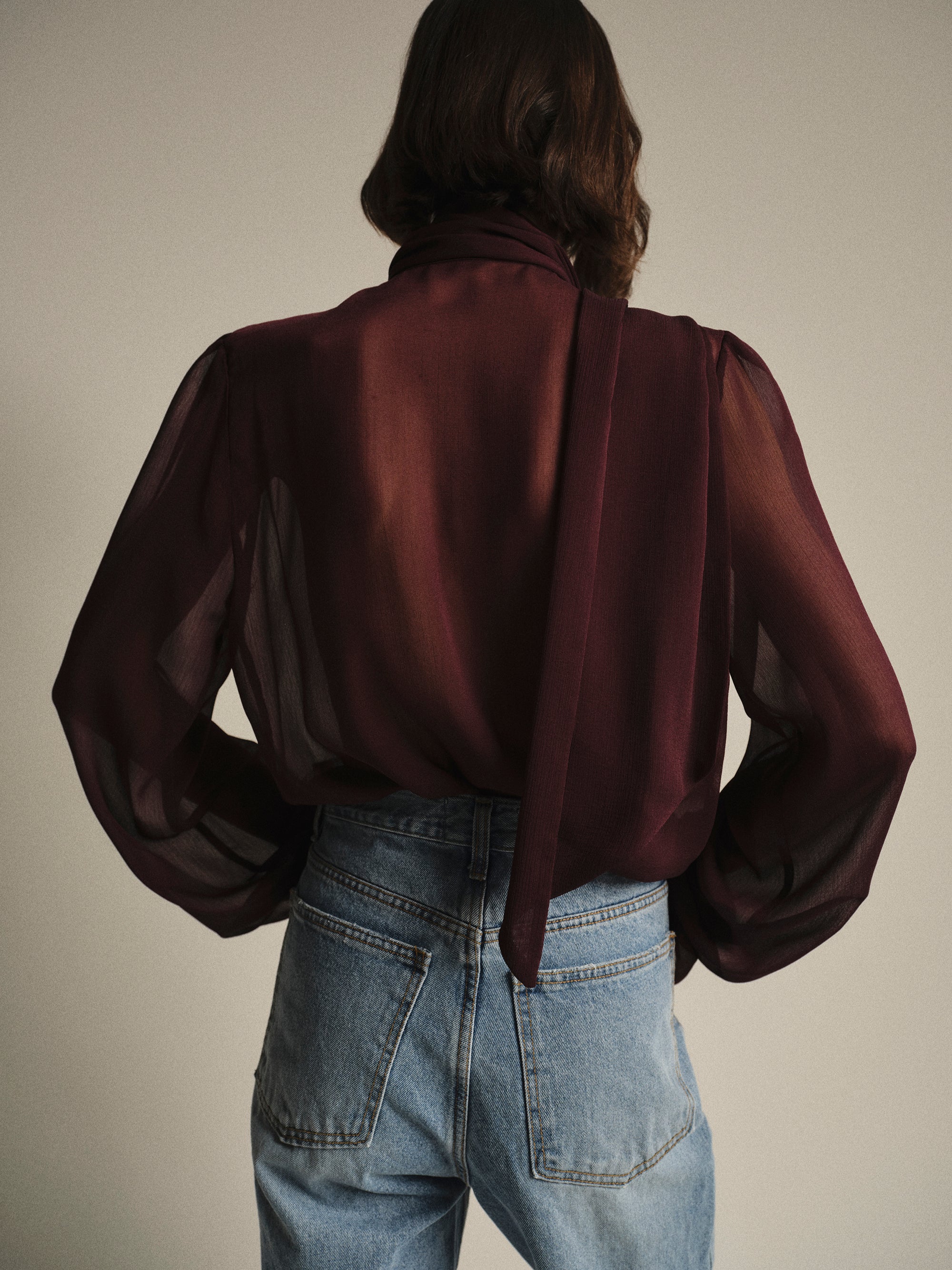 Semi-Sheer Tie Blouse, Wine - Image 4