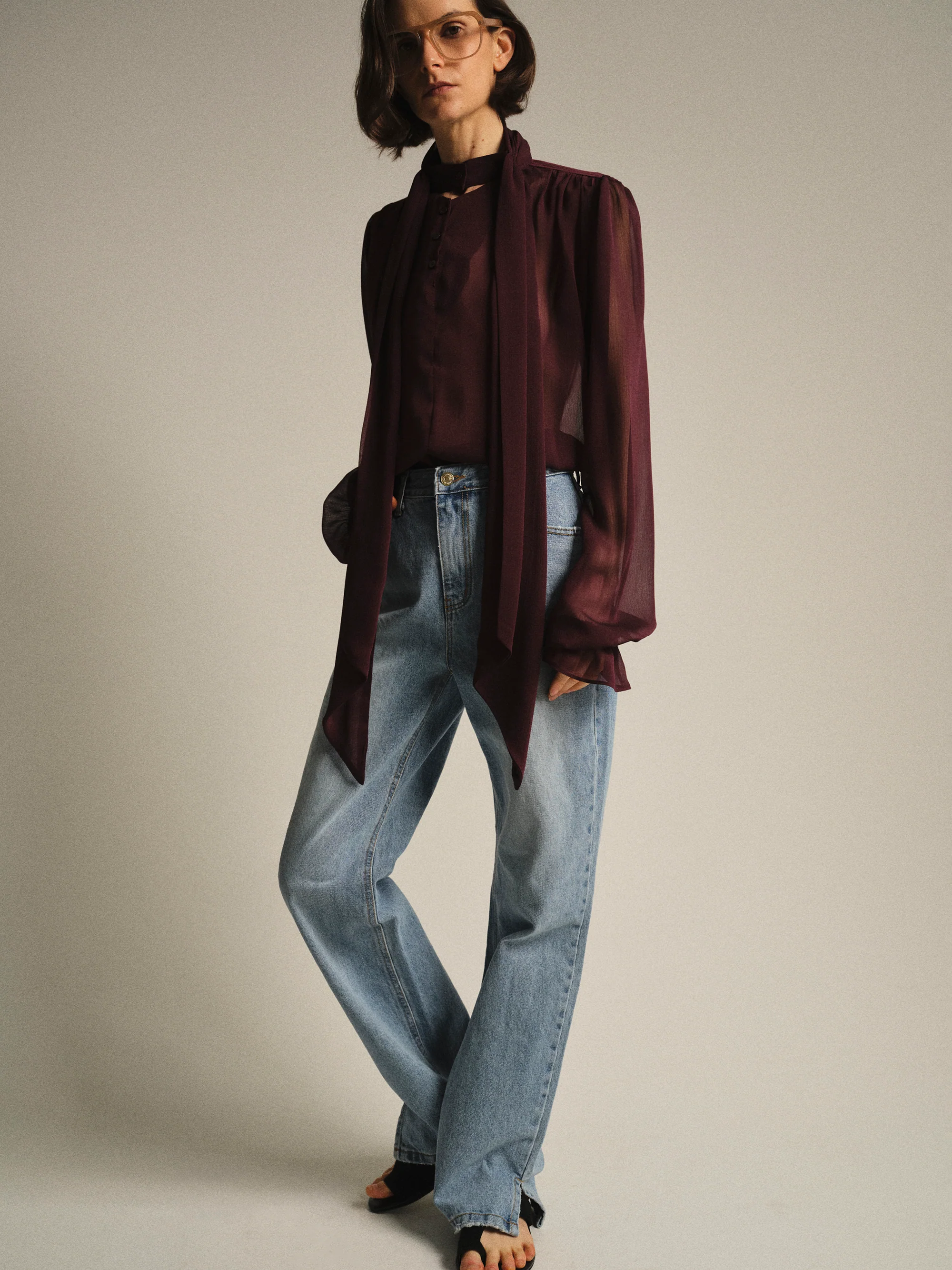 Semi-Sheer Tie Blouse, Wine - Image 5