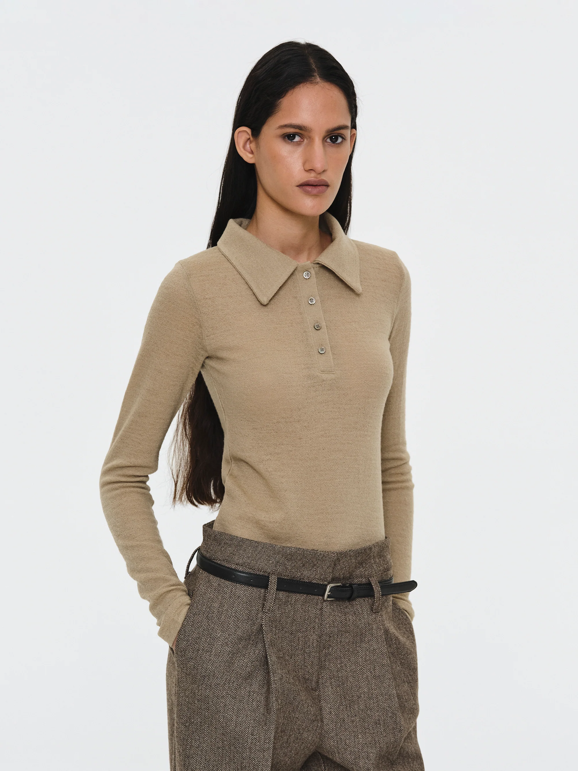Semi-Sheer Wool Polo, Beige