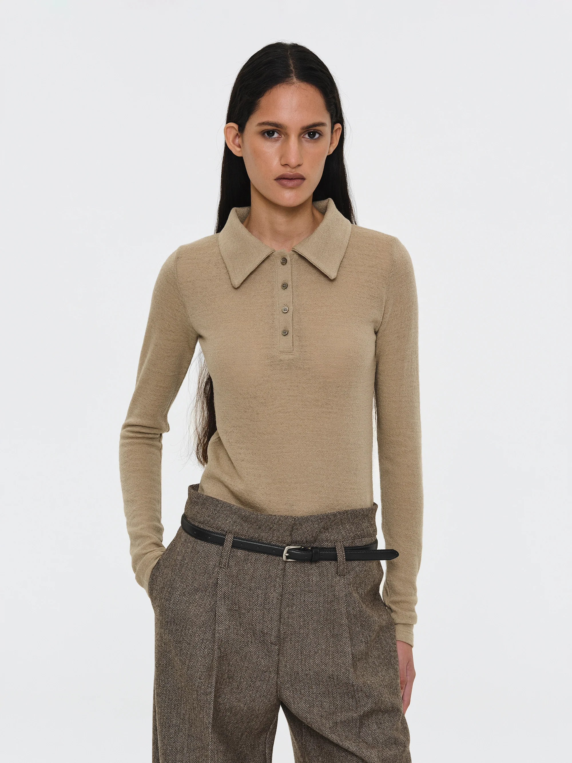 Semi-Sheer Wool Polo, Beige - Image 3