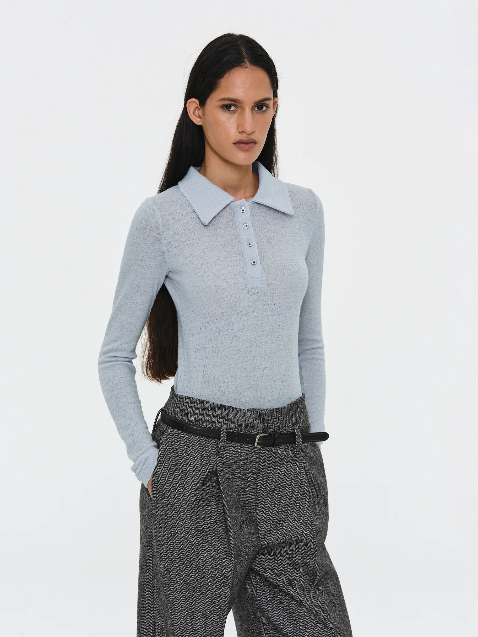Semi-Sheer Wool Polo, Pale Blue - Image 3