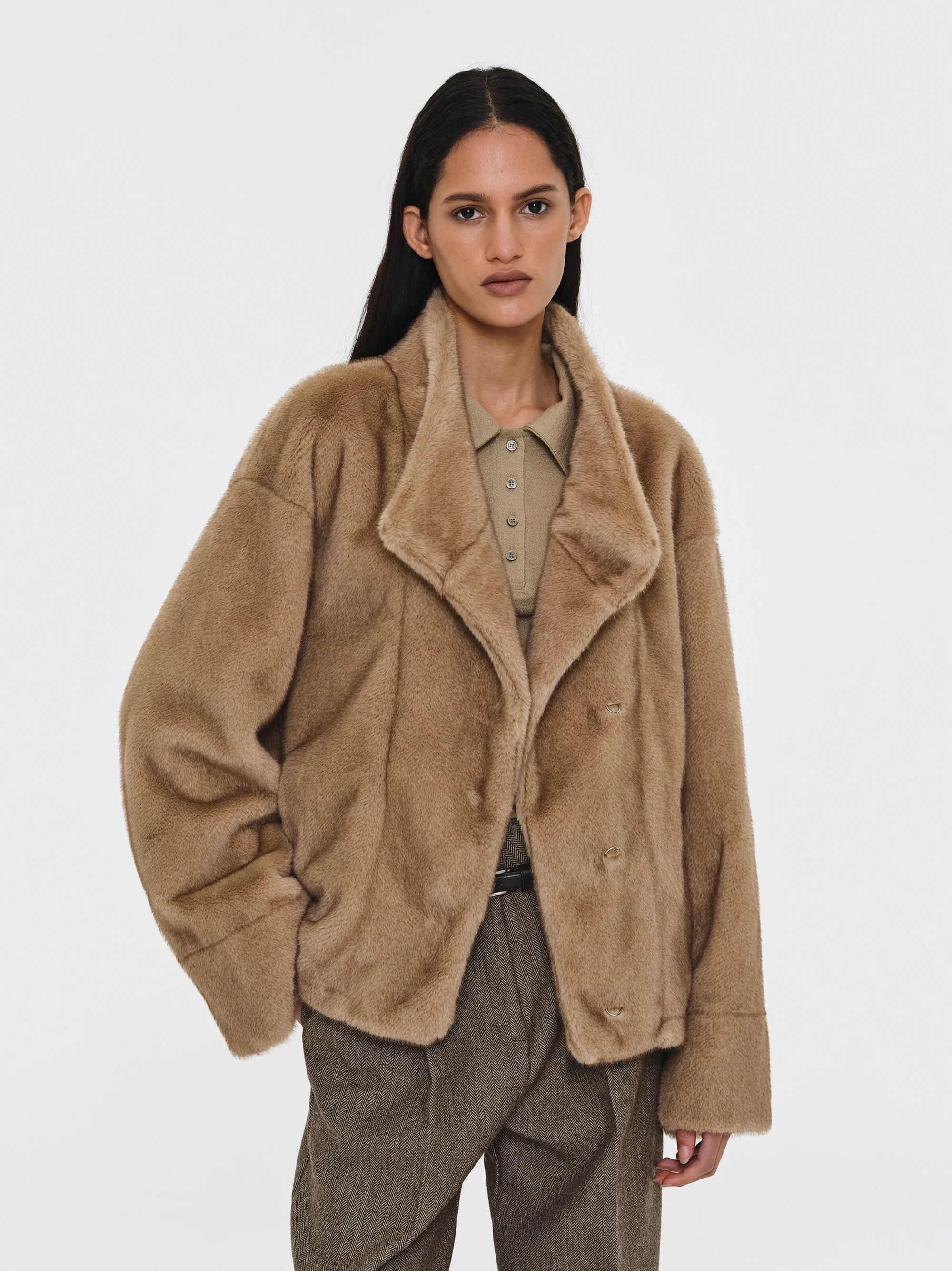 Shawl-Collar Faux-Fur Jacket, Beige - Image 2