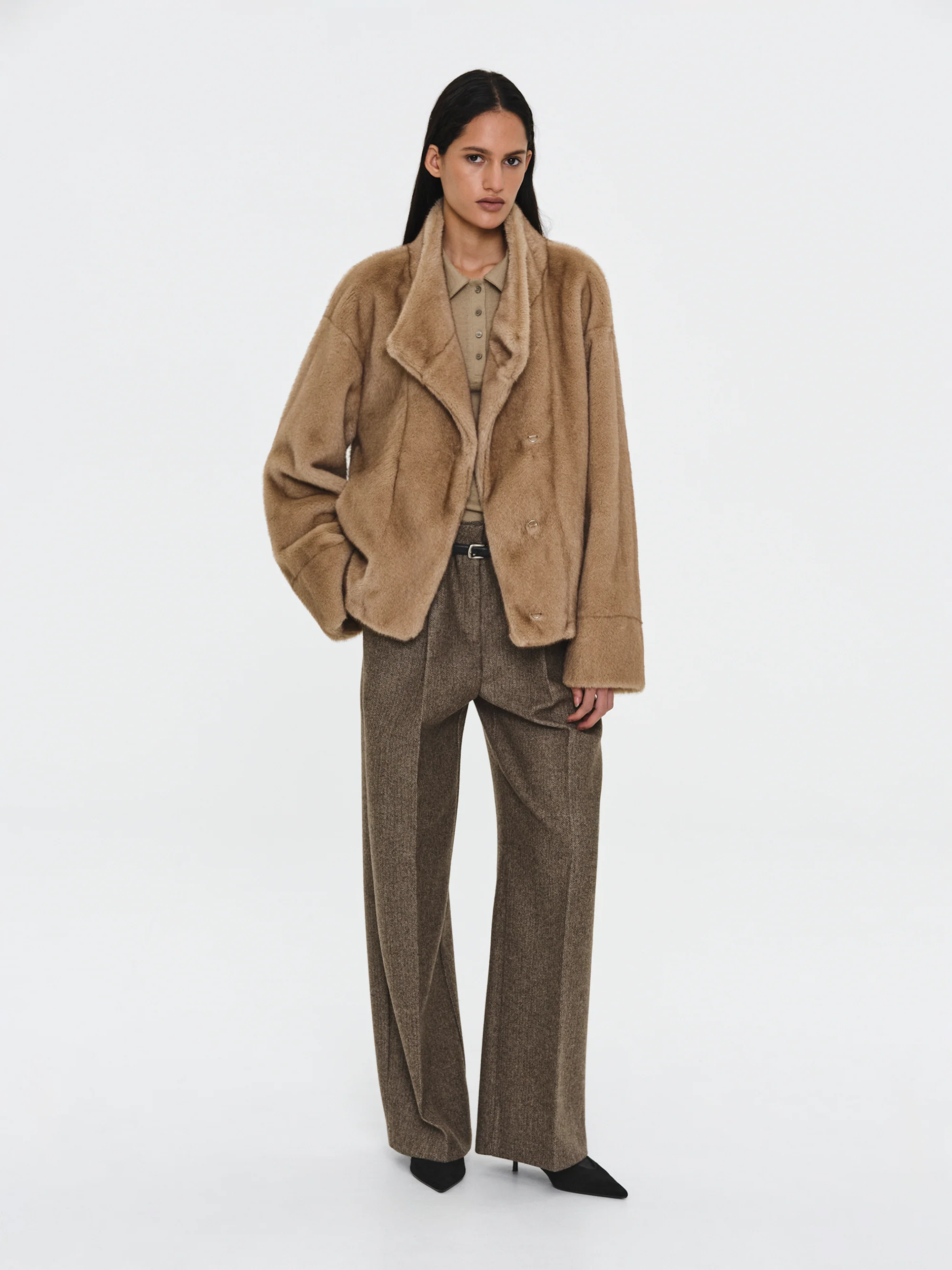 Shawl-Collar Faux-Fur Jacket, Beige - Image 3