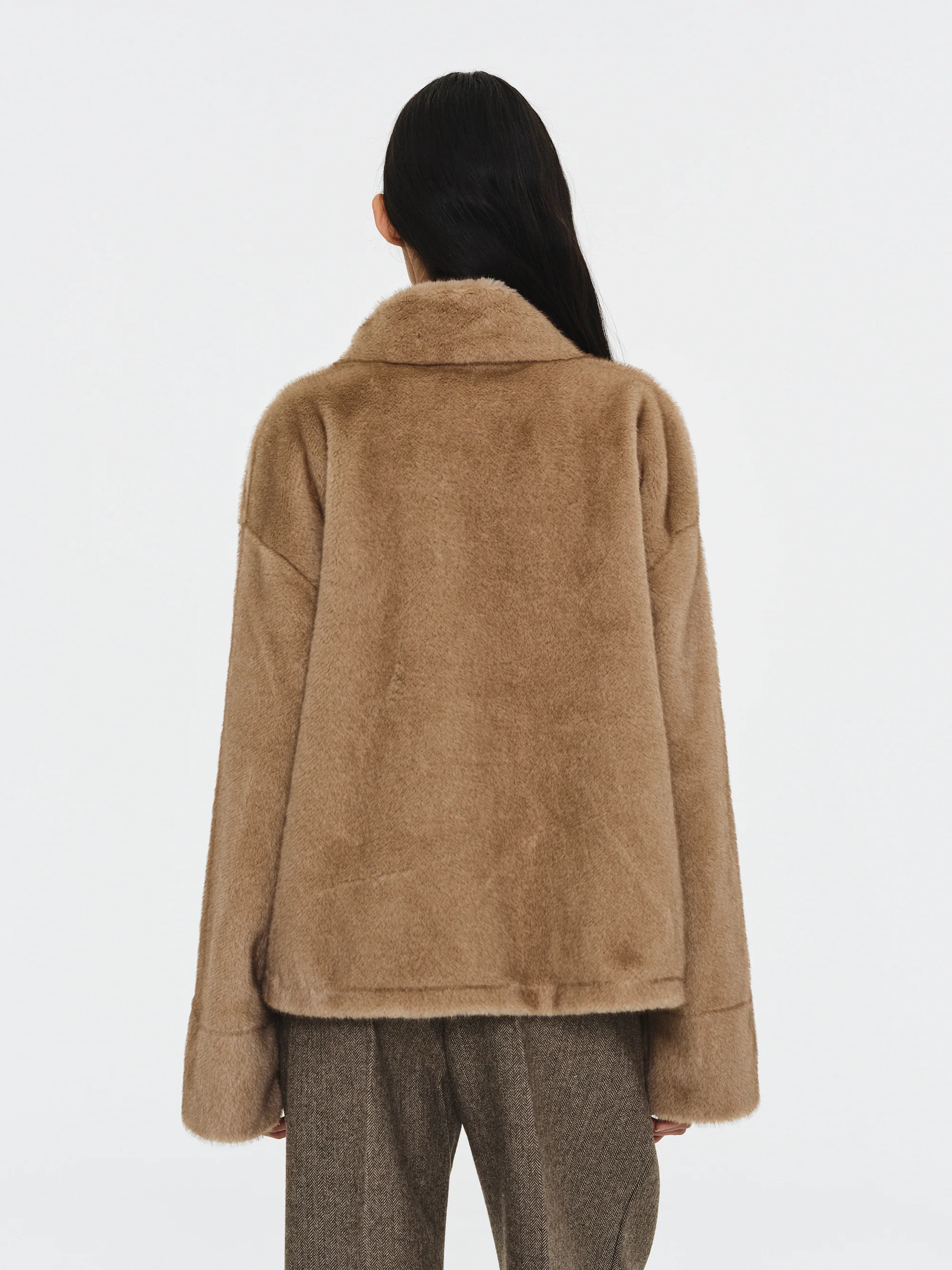 Shawl-Collar Faux-Fur Jacket, Beige - Image 4