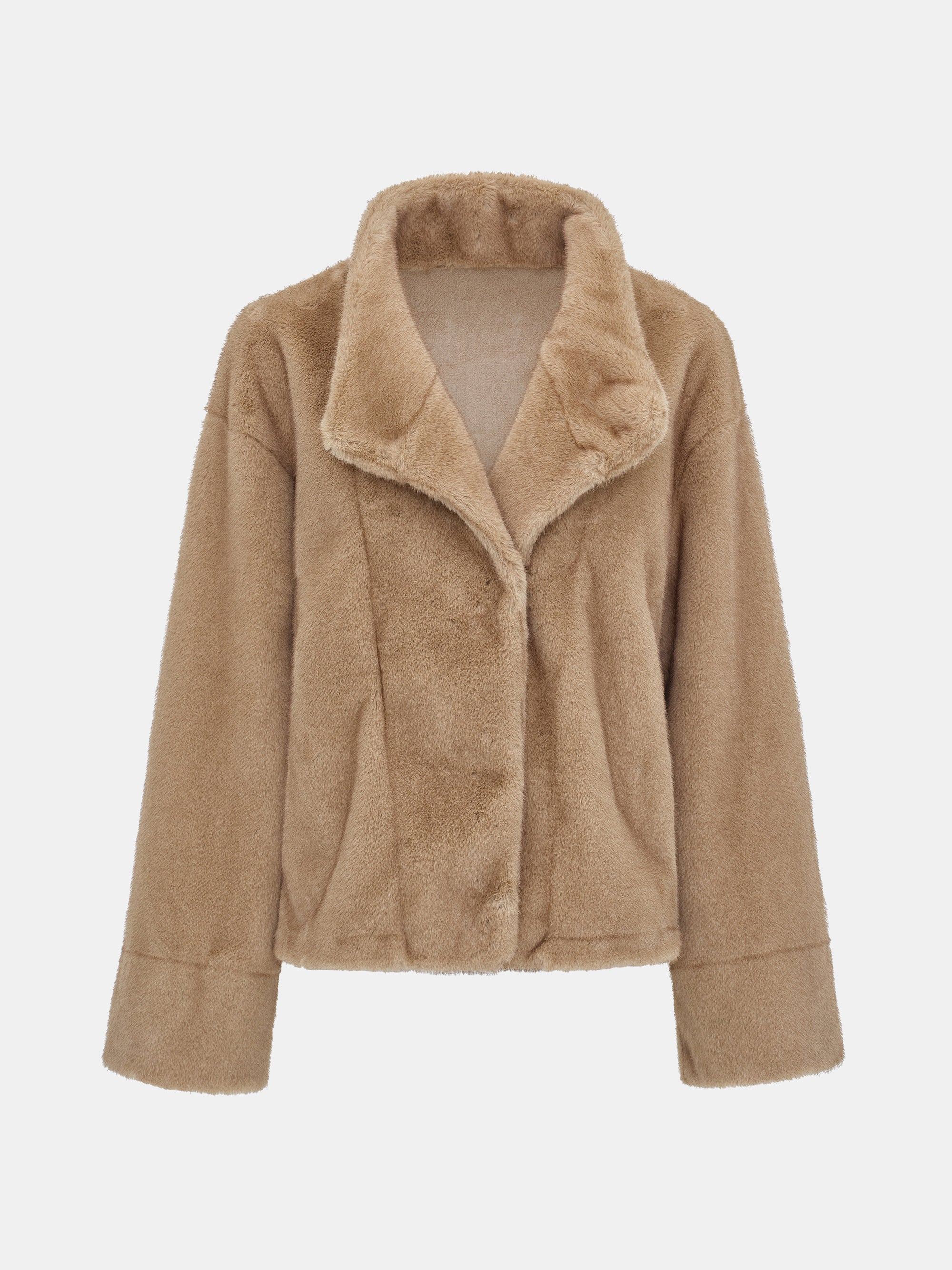 Shawl-Collar Faux-Fur Jacket, Beige - Image 5