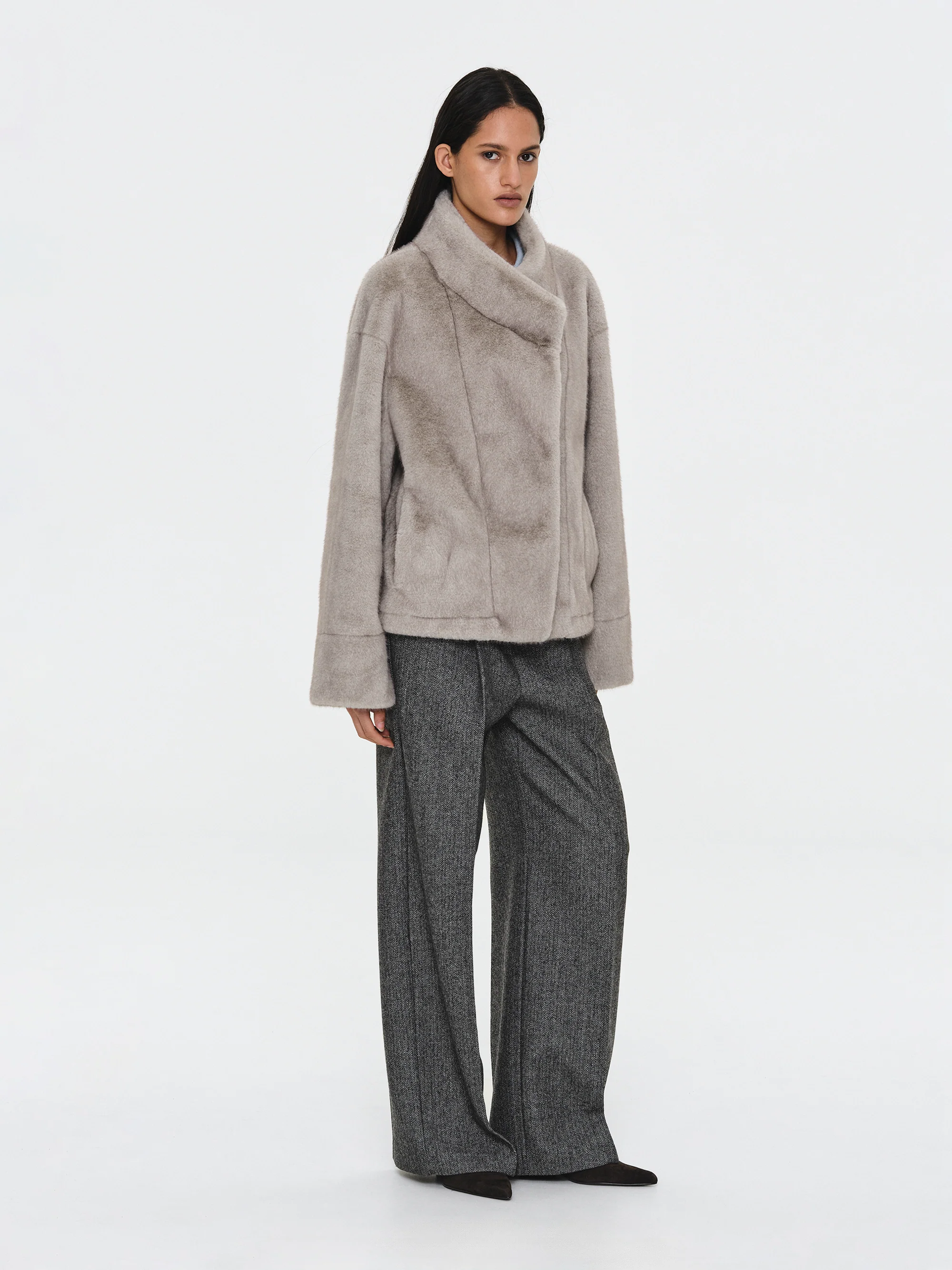 Shawl-Collar Faux-Fur Jacket, Grey - Image 3