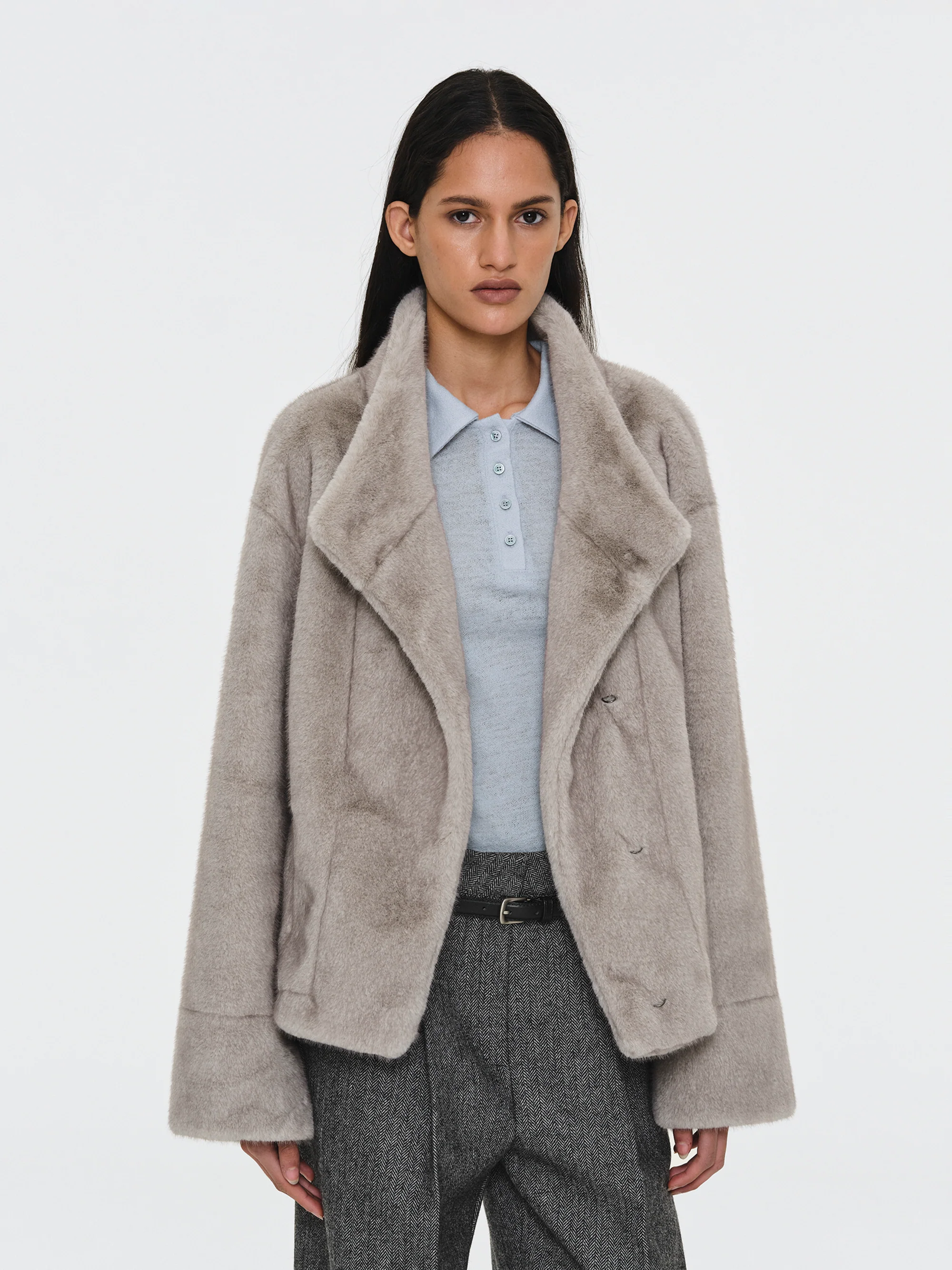 Shawl-Collar Faux-Fur Jacket, Grey - Image 4